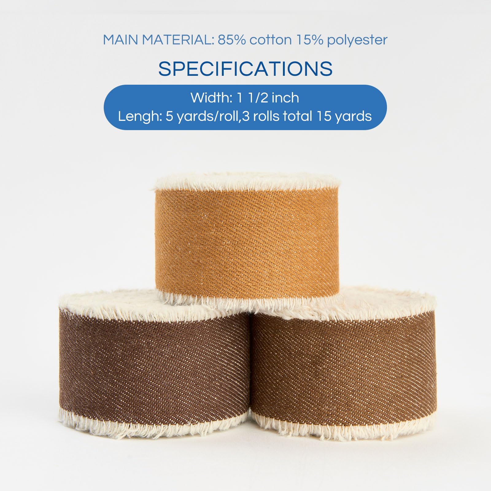 Pretty Jolly Brown Denim Ribbon for Gift Wrapping Handmade Rustic Frayed Cotton Fabric Ribbon for Flower Bouquet Total 15 Yards 1 1/2 Inch Ribbons for Crafts Hair Wedding Invitation Holiday Decor - Image 2