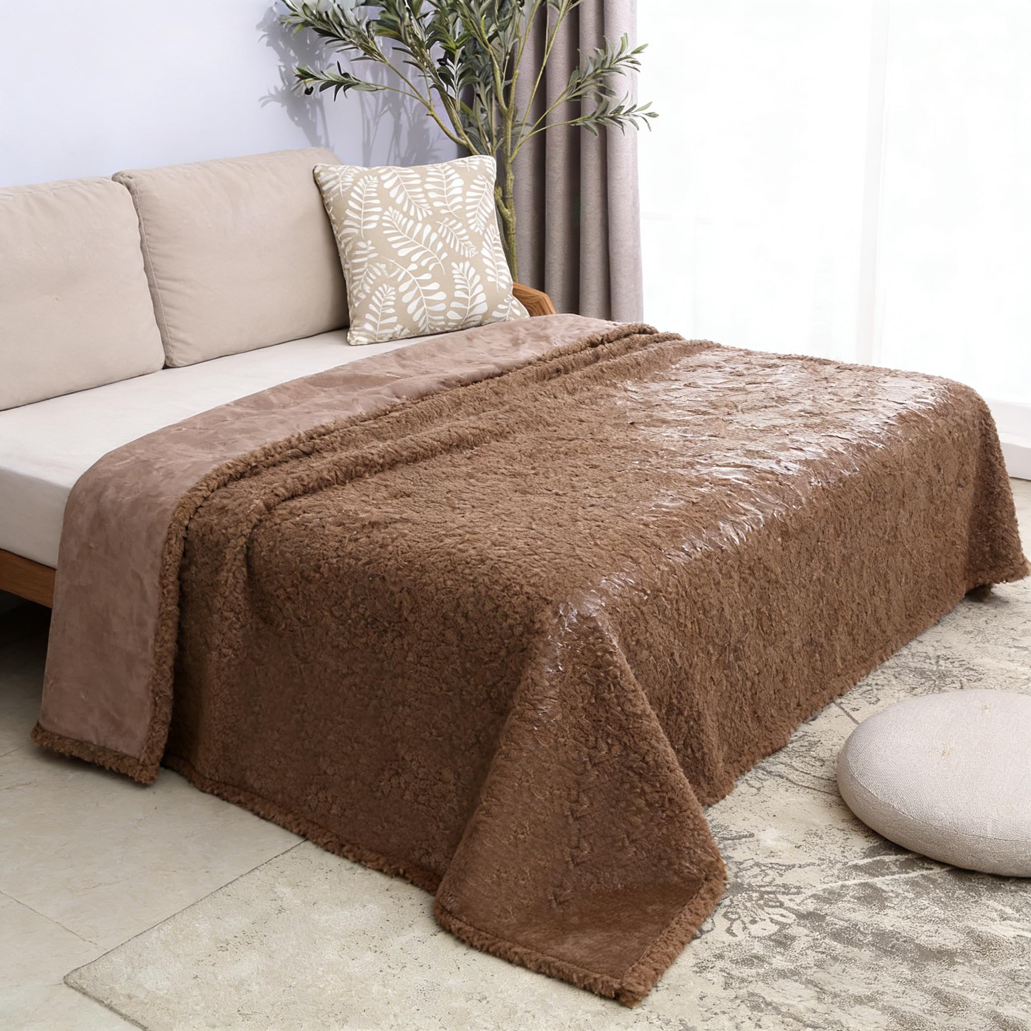 Catalonia Classy Brown/Brown Waterproof Blanket For Bed, Pleasure Sofa Couch Cover, Bed Protector For Lovers, Fleece Sherpa Throw For Adults, 203 X 152Cm