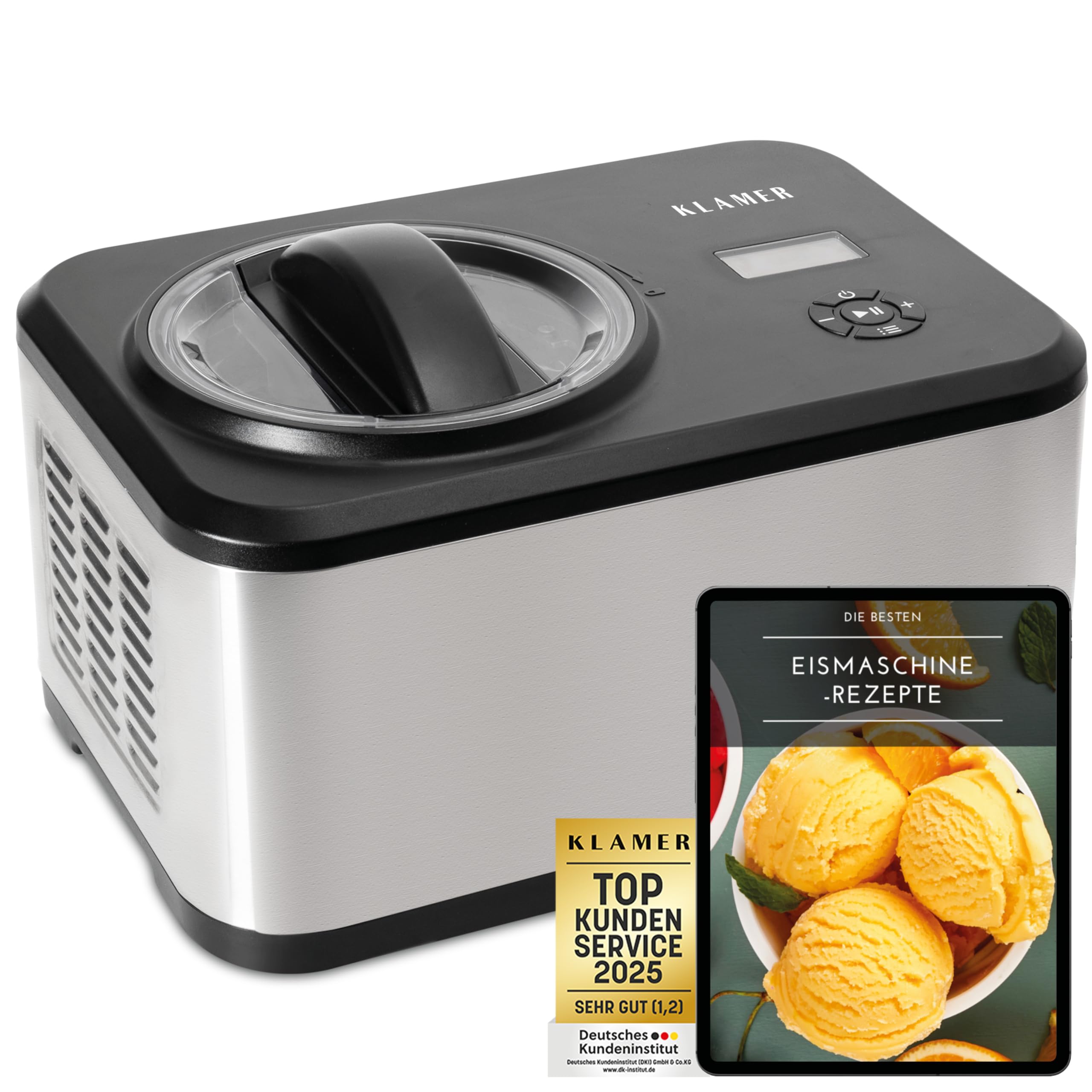 KLAMER Eismaschine 1,5L, 120 W Eiscrememaschine aus Edelstahl mit Kühlfunktion, hausgemachtes Speiseeis mit selbstkühlendem Kompressor, mit digitalem Rezeptbuch