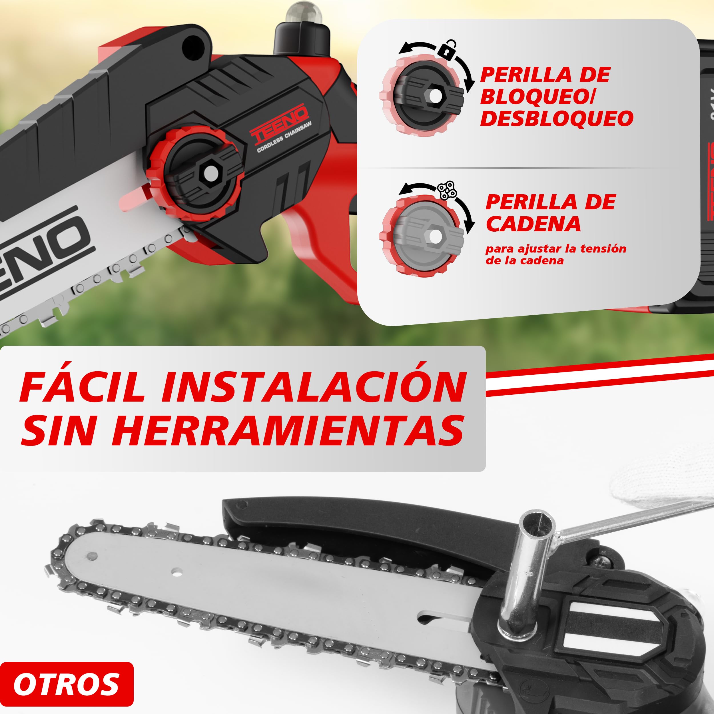 motosierra eléctrica TEENO,Sierra Electrica Podar Arboles 2 en 1, cortadora de ramas telescópica eléctrica, pértiga telescópica, 6 pulgadas, batería 2 * 4000 mAH