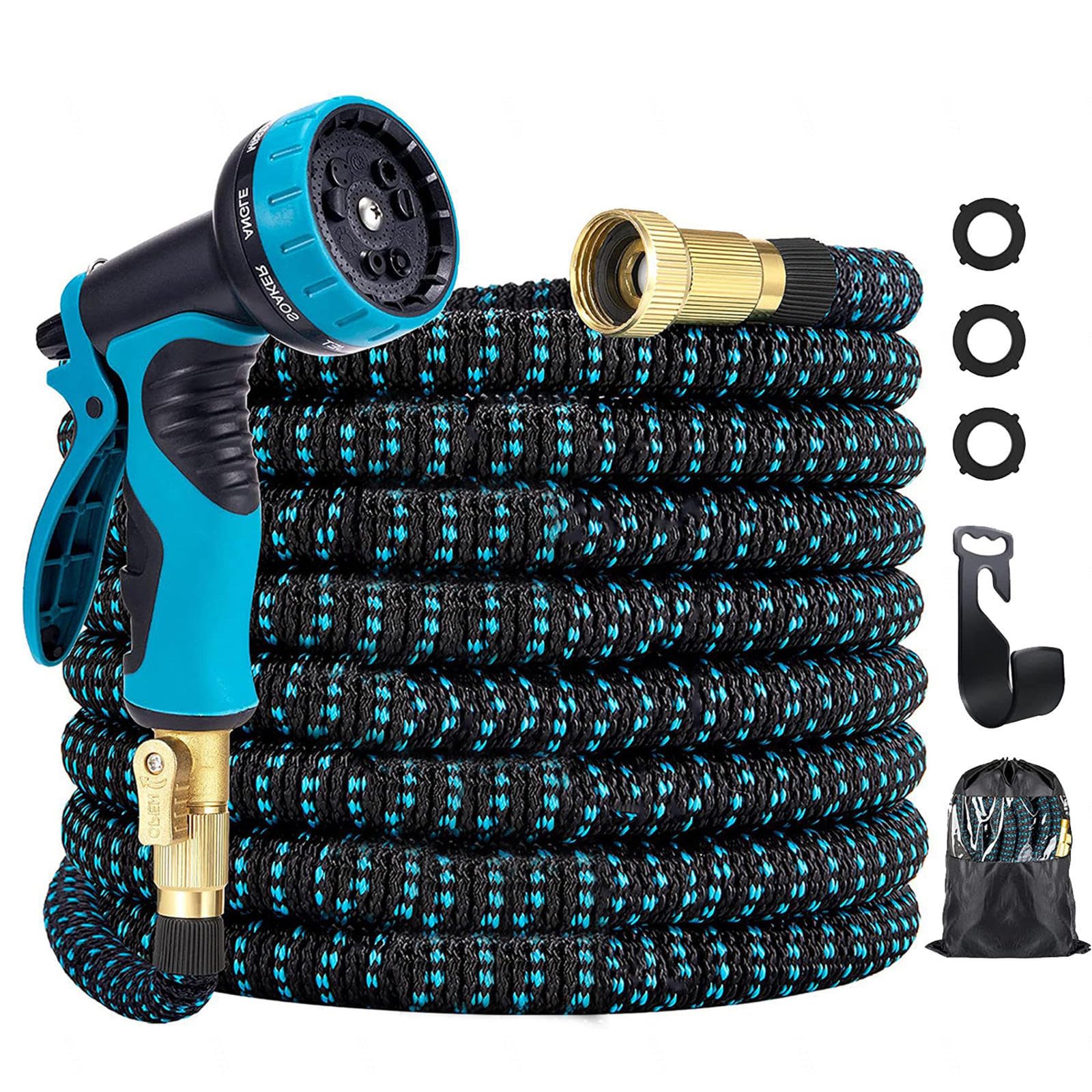 Expandable Garden Hose 25FT/50FT/75FT/100FT, Hose with 10 Function Nozzle, 3/4 Inch Solid Brass Fittings, Expandable Garden Hoses,Blue-75FT