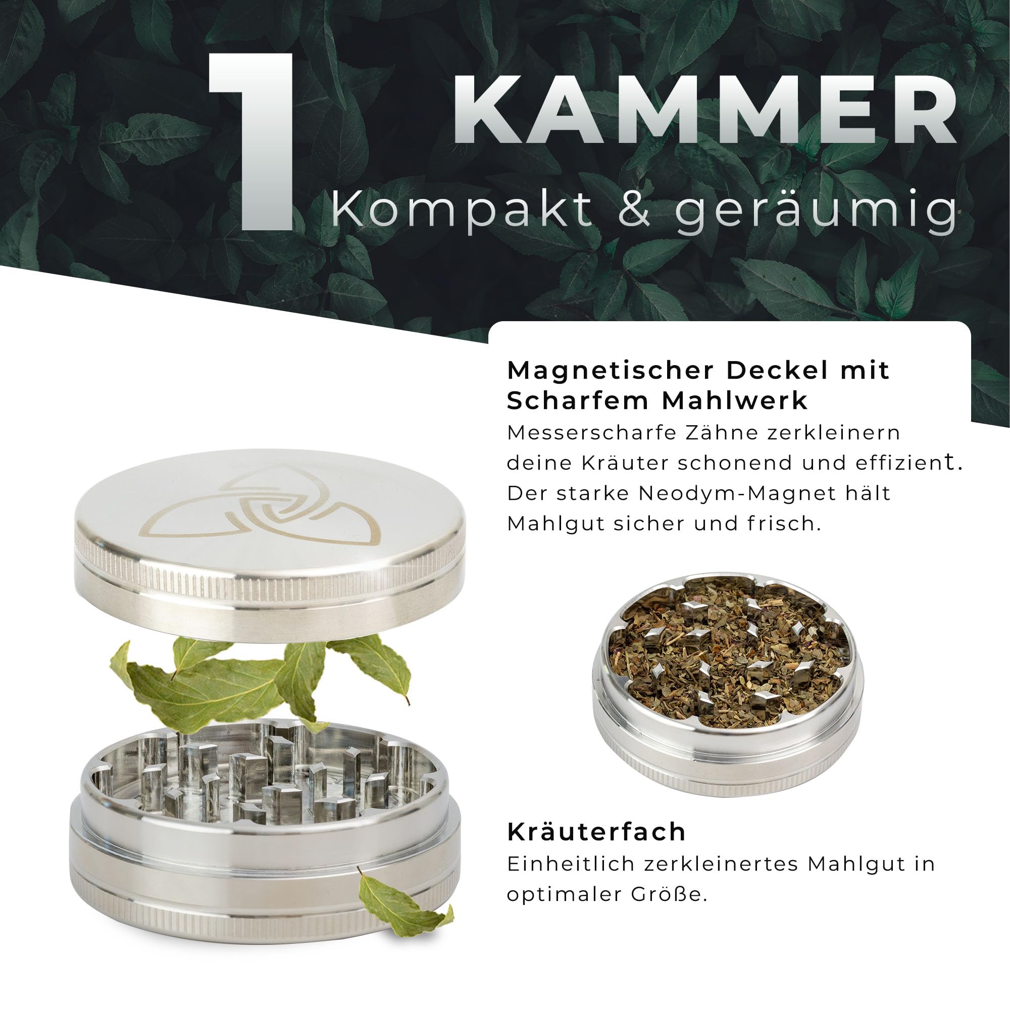 Grinder Edelstahl 2-teilig, unverwüstlicher Crusher, Kräutermühle, Gewürzmühle - abriebfest, magnetisch - Silber Ø 6,3cm