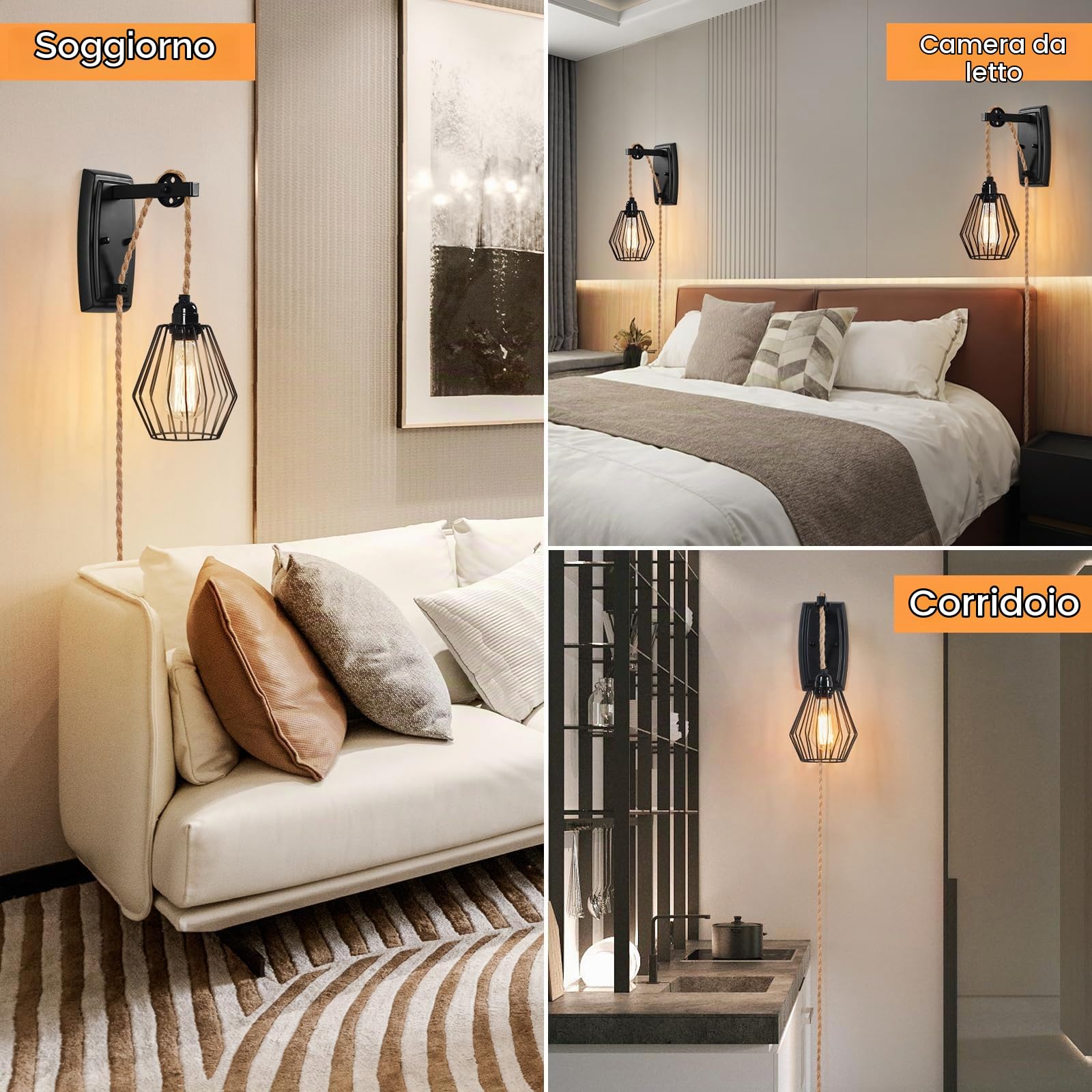 ENCOFT Lampada da Parete Interna con Interruttore Dimmerabile e Presa, Cavo di 4m, Plug-in Applique da Parete Interno Gabbia Industriale, Vintage E27 Luce Illuminazione da Muro per Soggiorno