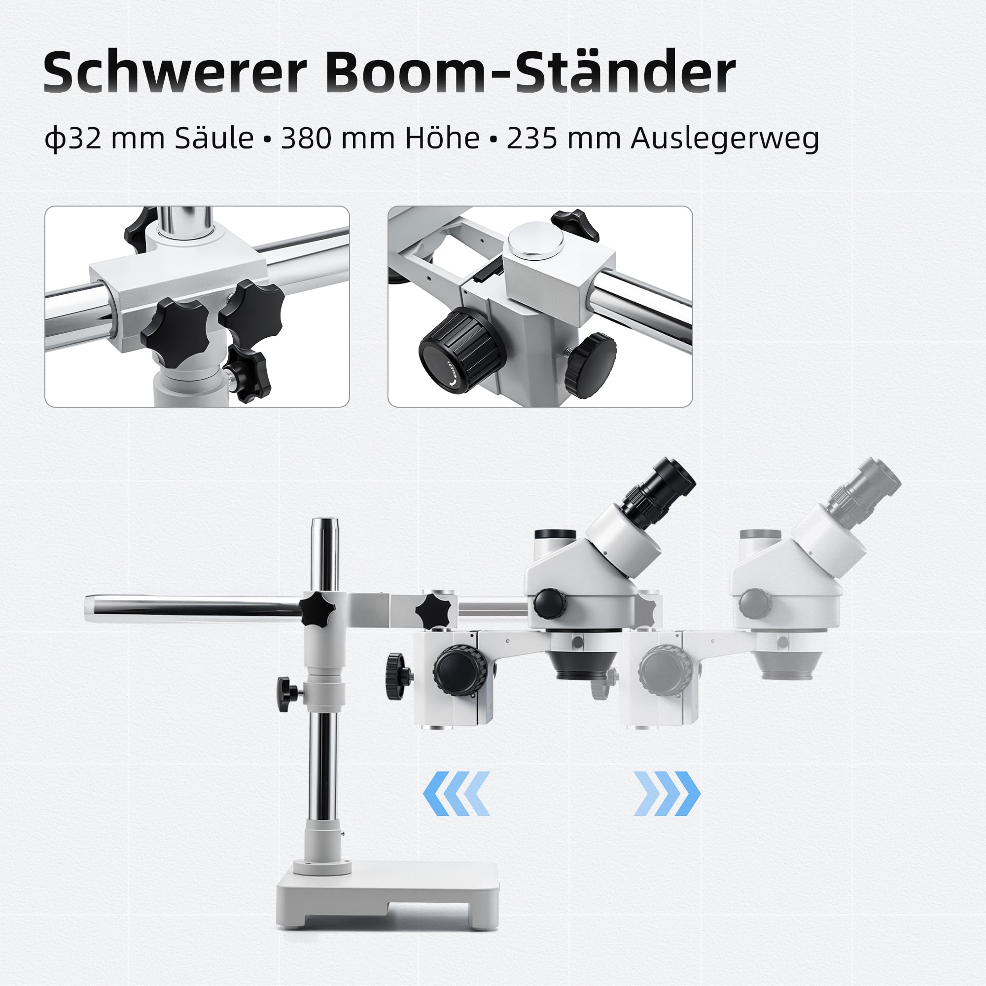 SWIFT S7-TS520-EA10-144 trinokulares Stereo-Zoommikroskop (Greenough) 3,5–90×, stufenloser Zoom 0,7–4,5×, Boom-Stativ, 144-LED Ringlicht dimmbar, φ23,2mm Kameraadapter