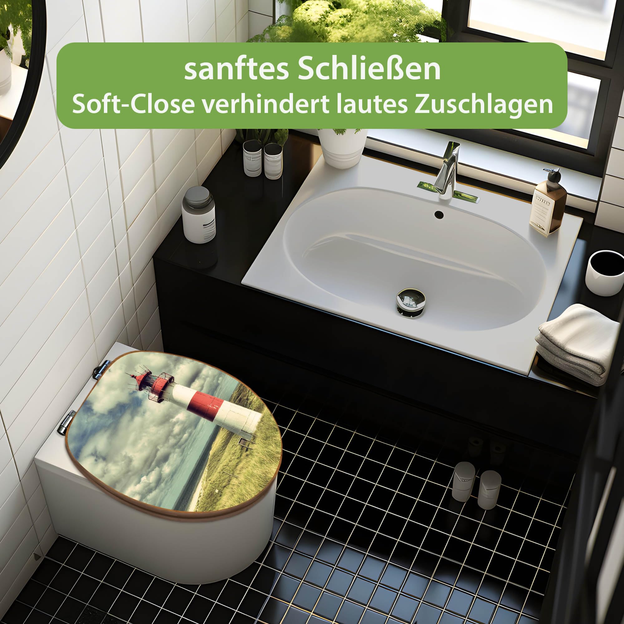 banjado Design WC Sitz Bambus Absenkautomatik 45,8x37,5cm - Toilettendeckel mit Absenkautomatik Holz - hochwertiger Bambus Klodeckel - WC-Sitz für gängigen Toiletten - Motiv Leuchtturm Sylt