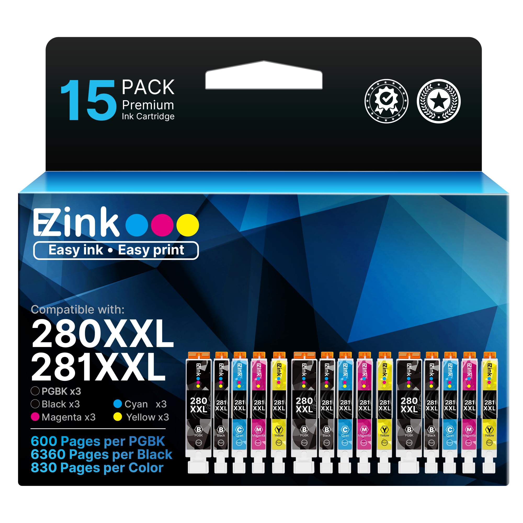 E-Z Ink 15 Pack 280XXL 281XXL Compatible for Canon tr8620a Ink cartridges | for Canon 280 281 Ink Cartridges to use with PIXMA TR8520 TR8620 TR8600 TR8622a TR7520 TS702a TS6120 TS9120 TS9520 TS9521C