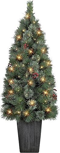 Árbol de pino en cascada en maceta BO de 4 pies. 100 puntas, 100 luces LED blancas cálidas, maceta de plástico (3 pilas D no incluidas), función de