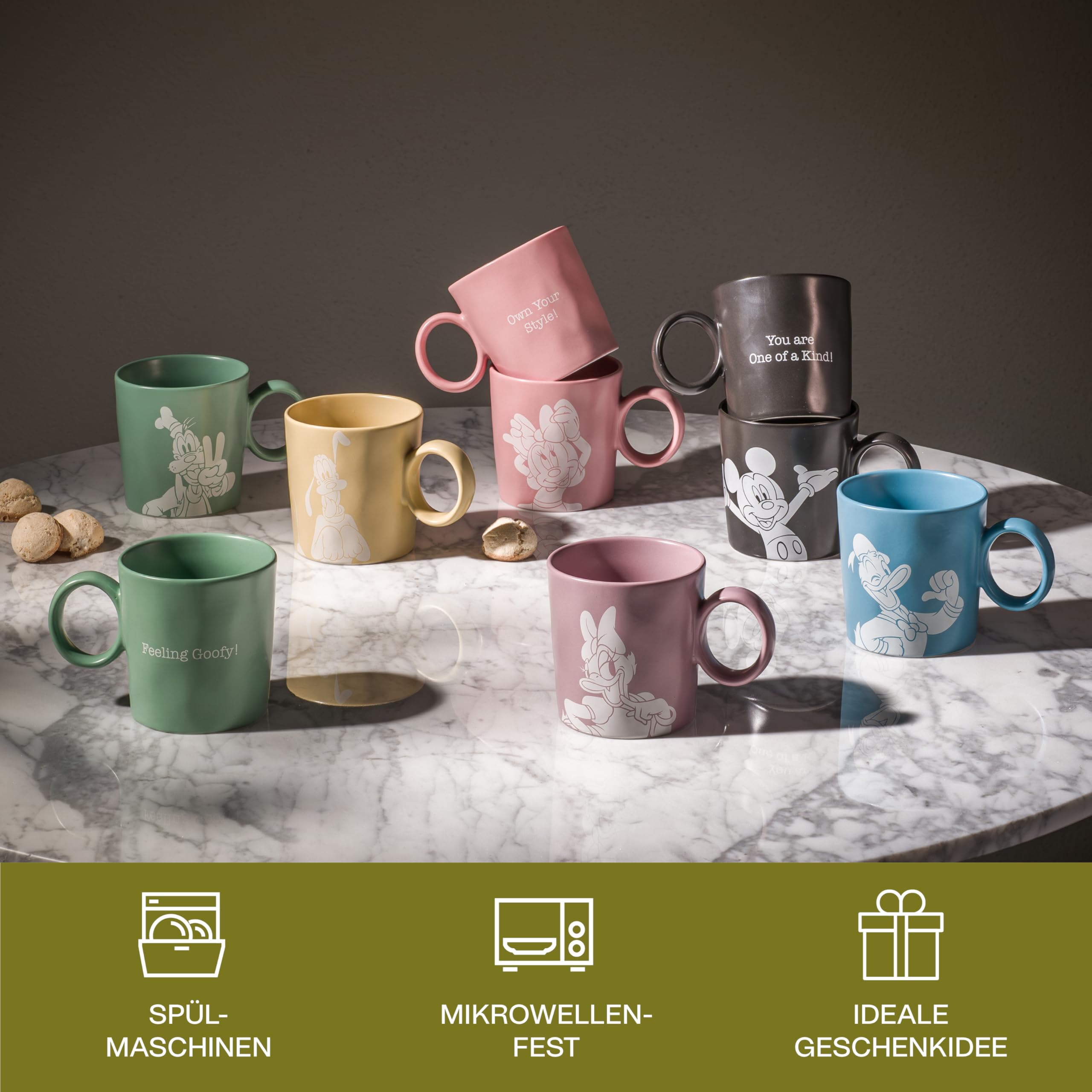 Micky & Freunde Kaffeetasse Disney, 6er-Set, 320 ml, Steinzeug, Spülmaschinenfest, Seidenmatte Glasur, inkl. Geschenkbox, Mehrere Farben