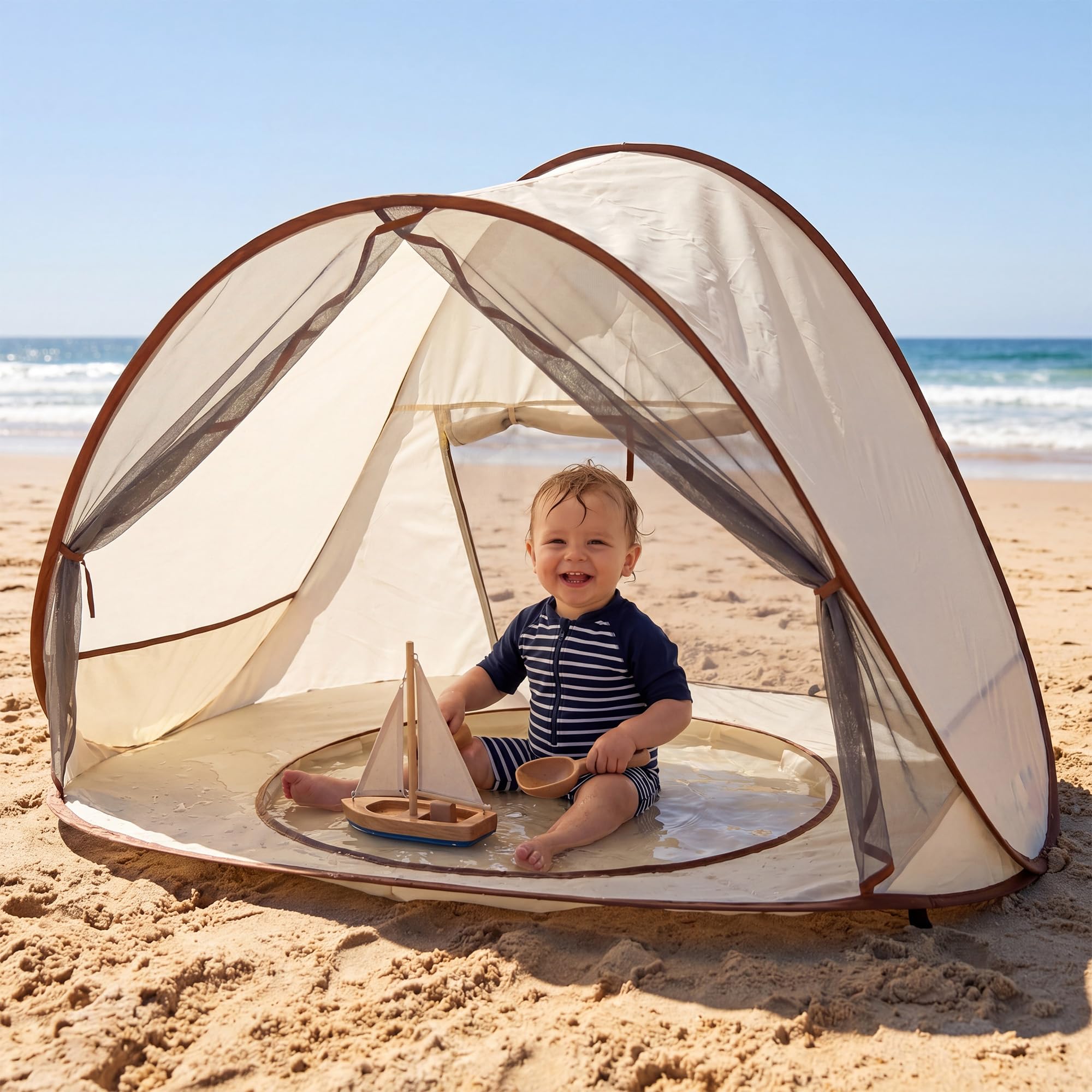 Deryan Kinderpool Pop-Up 3-in-1 – Baby Pool mit UV-Schutz 50+ – Faltbares Kinder Schwimmbecken – Inklusive Tragetasche – Leicht, Kompakt & Tragbar – Sand