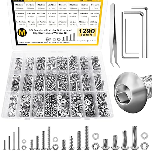 1290 piezas M2 M3 M4 M5 Kit surtido de tornillos de acero inoxidable 304 con cabeza de botón de acero inoxidable 304, tornillos métricos con