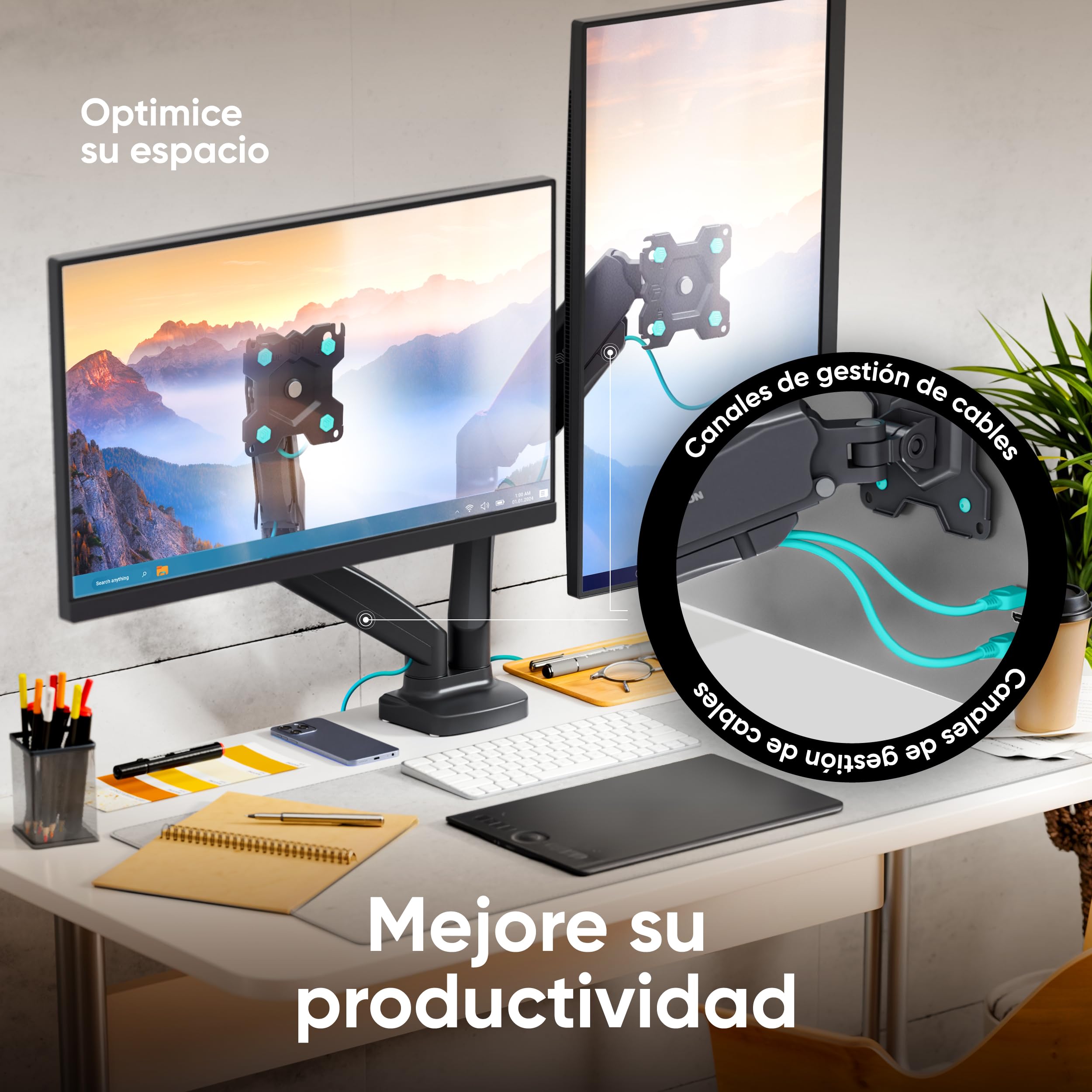 ONKRON Soporte Monitor Doble Brazo para Pantallas 13-32¨Soporte 2 Monitores con VESA 75/100mm, Muelle de Gas de hasta 2 x 8kg, Inclinación Giratorio Rotación con Ajuste de Altura, Negro G160