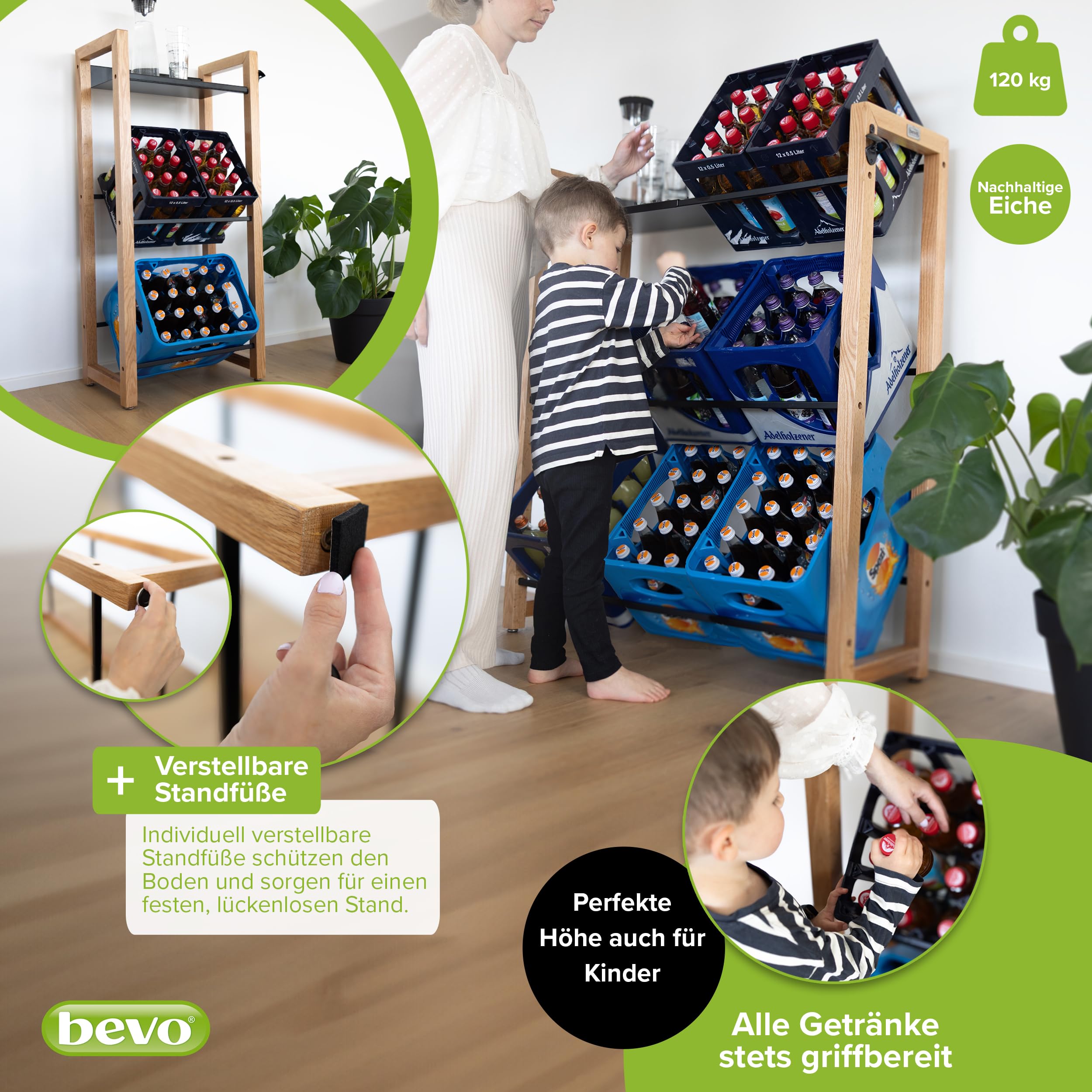 bevo - Getränkekistenregal für 2-6 Kisten aus Eiche Holz inkl. Metall-Ablage - Getränkeregal & Kistenregal mit 2 Stangenlängen (individuell verstellbar) - Getränkekisten Regal für Getränke & Kästen