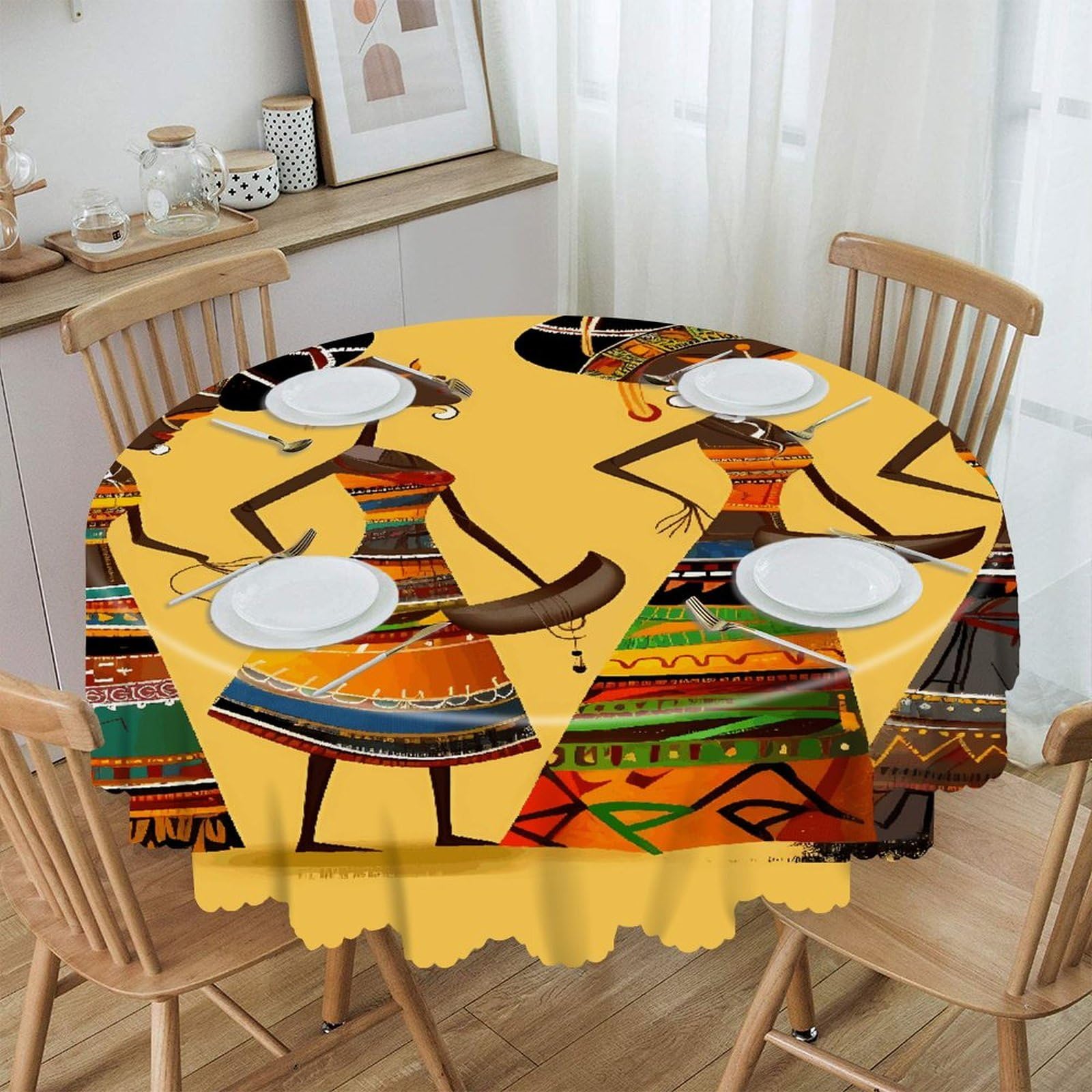 VstaDank Creative African Culture Round Tablecloth Wipeable Round Polyester Tablecloth Waterproof Wrinkle Free Indoor and Outdoor Table Cover 60 Inch Decorative Farmhouse Table Cloth for Dining