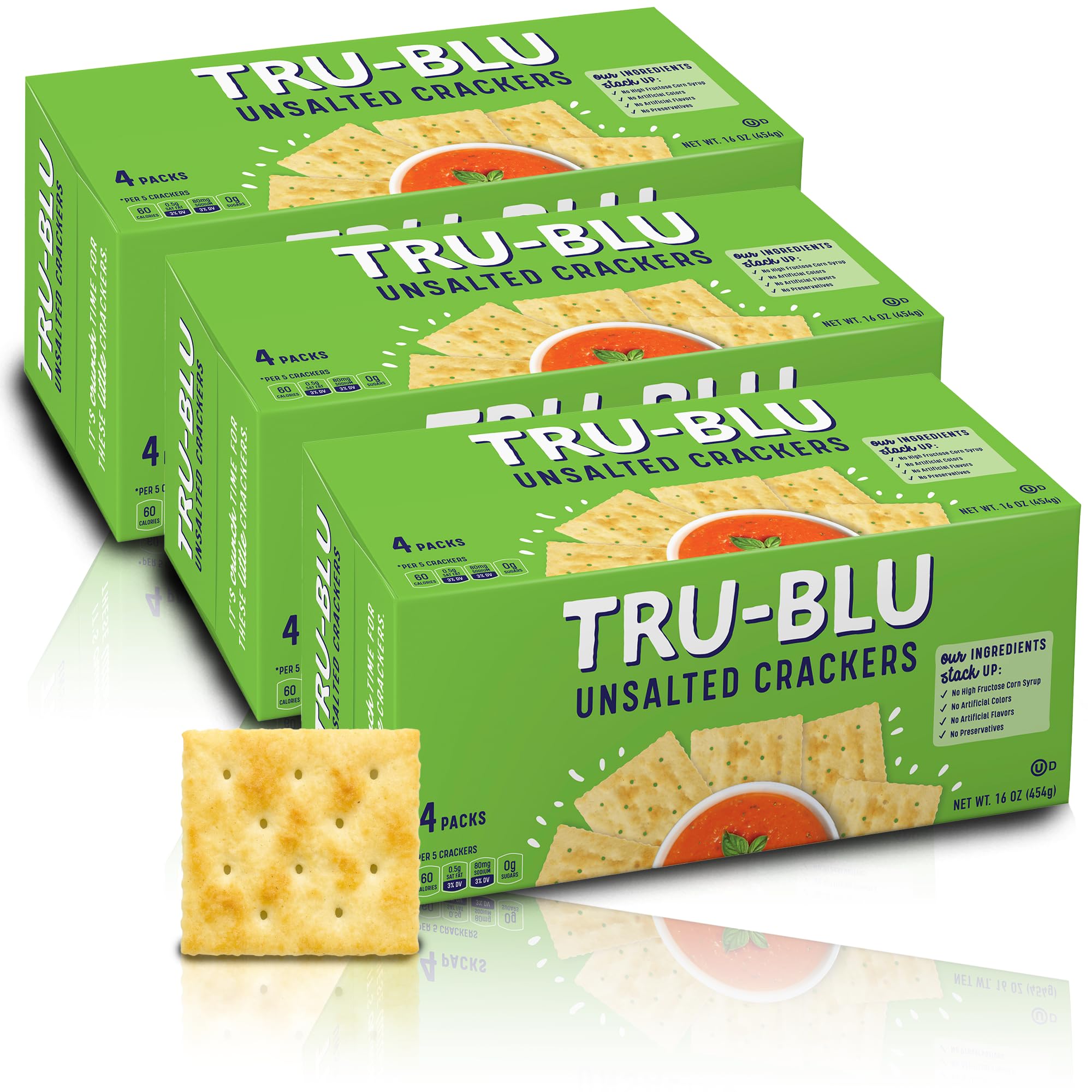 Tru Blu Unsalted Saltine | No artificial ingredients | No High Fructose Corn Syrup | Made in the USA | 16 Ounce (Pack of 3)