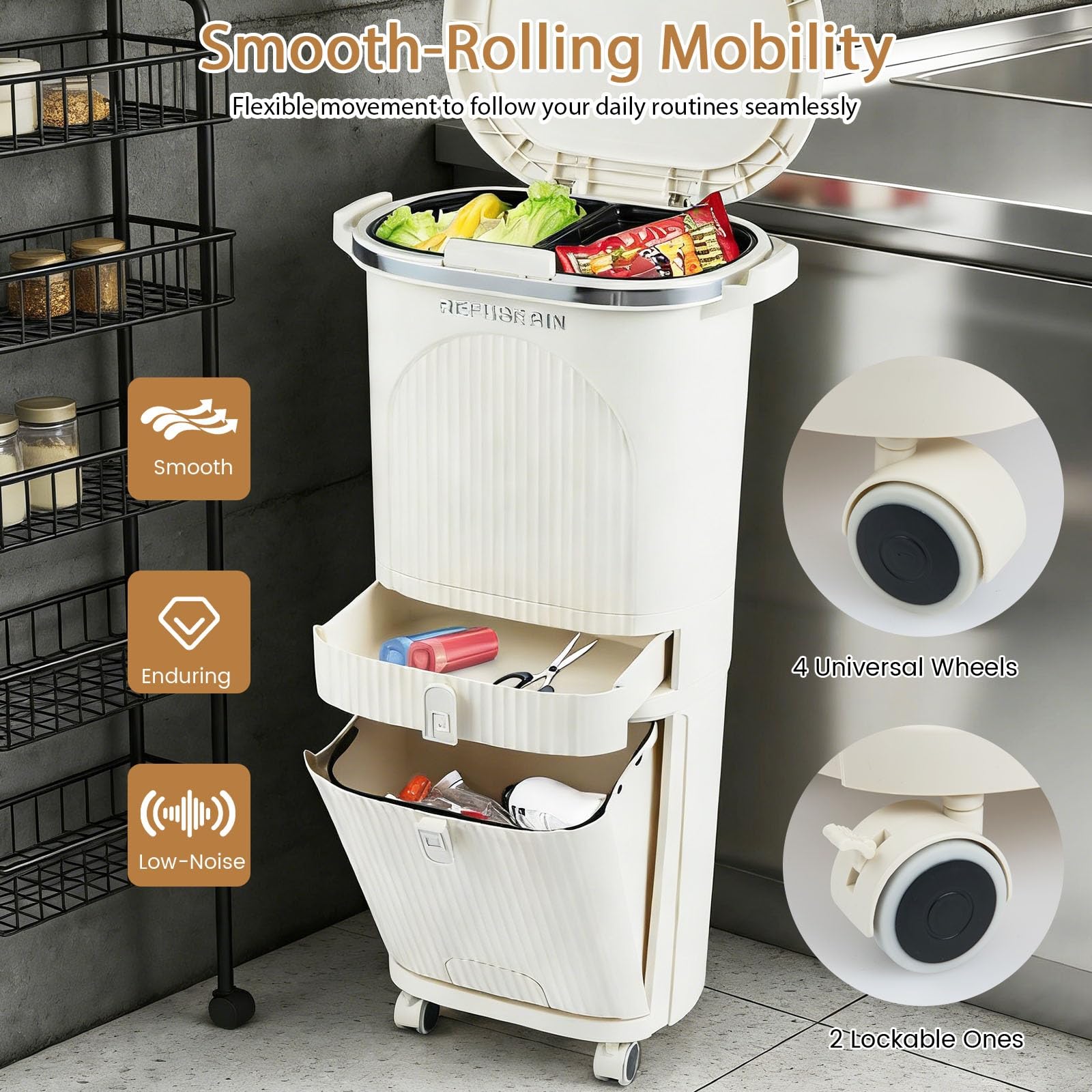 LIFEZEAL Cubo de basura con ruedas 42L y 3 compartimentos (42L) | Papelera de cocina con pedal, tapa y asa para cocina, salón y oficina