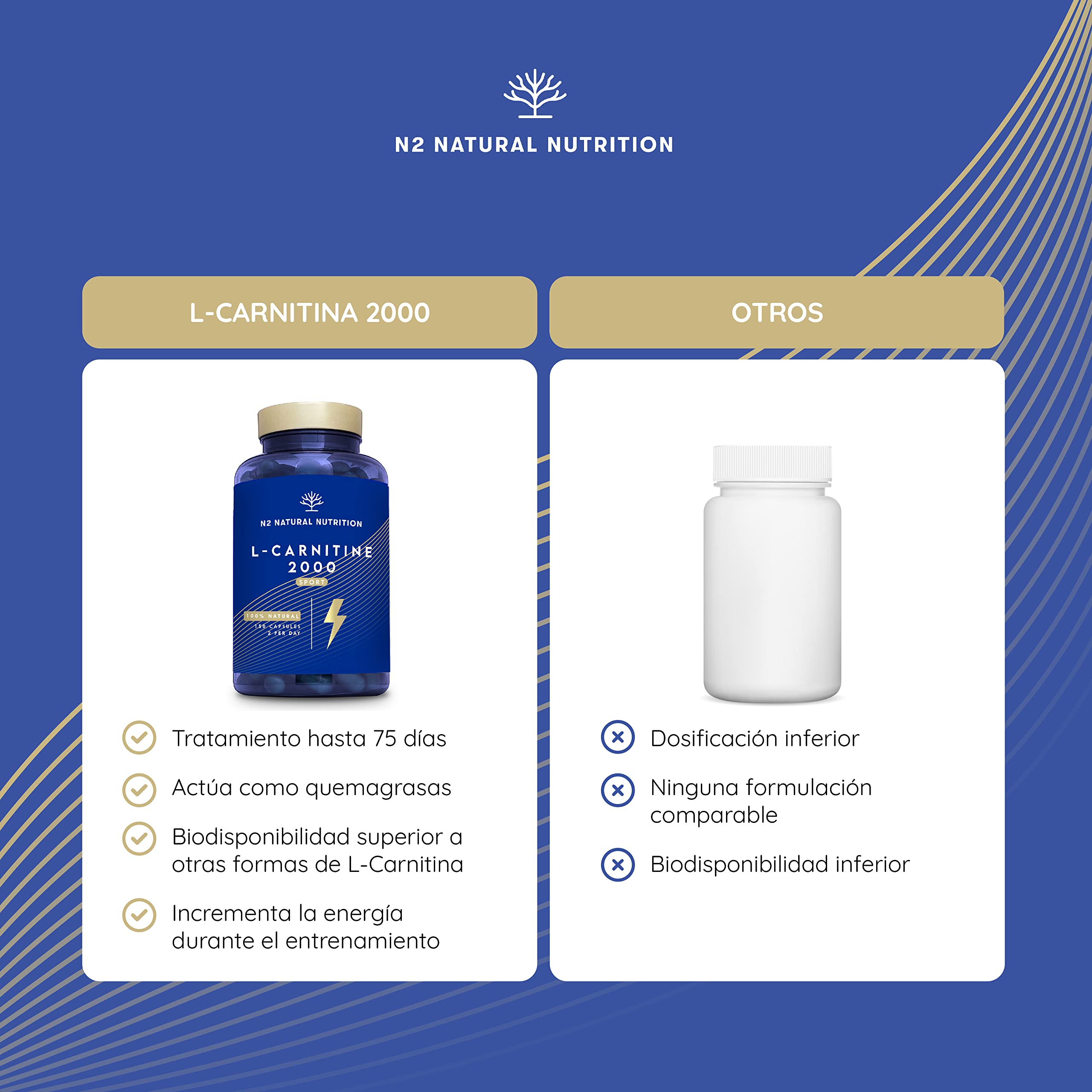 L CARNITINA 100% Natural 2000 mg, Quemagrasas Potente Para Adelgazar, 150 Cápsulas 75 días, Pre Workout Gym, Mejora Energía, Resistencia y Rendimiento. Sin Azucar. N2 Natural Nutrition