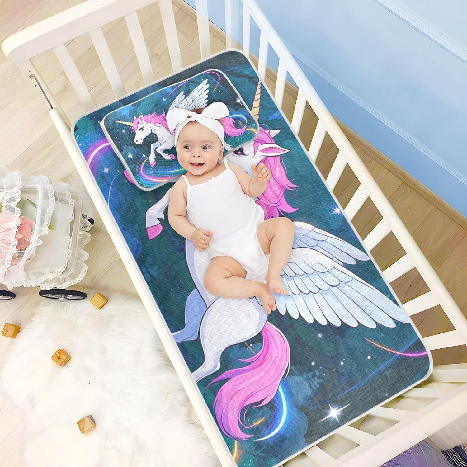 Cartoon Cute White Rainbow Unicorns Cooling Baby Mattress pad Cover 28" x 52" Ultra Soft Pads for Bed for Baby&Toddler