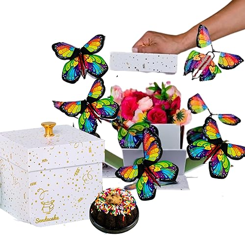 Caja de explosión de celebración por Send A Cake, lista para regalar, no requiere montaje con mariposas voladoras, ducha de flores y mini pastel de
