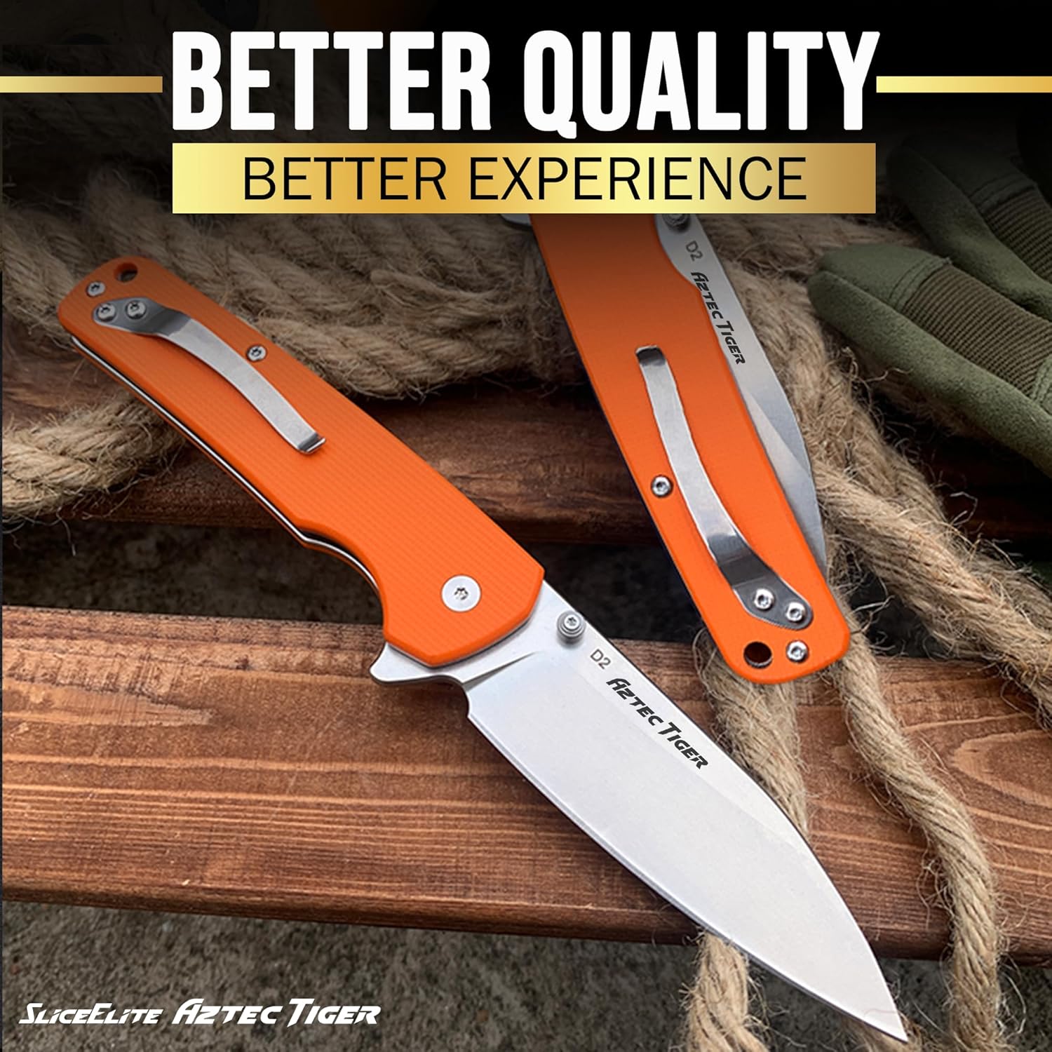 SliceElite 3.6-Inch Aztec Tiger Folding Knife | Pocket Knife with Orange G10 Composite Handle, D2 Steel Drop Point Blade & Stainless Steel Pocket Clip | EDC Gear Knife with Button Lock for Outdoor Use