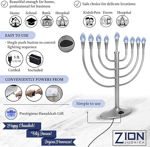 Miniatura 4 de Zion Judaica Menorah Menorá eléctrica de Hanukah Menorah alimentada por USB Hanukkiah con bombillas LED en forma de llama, luces Janucá, decoración