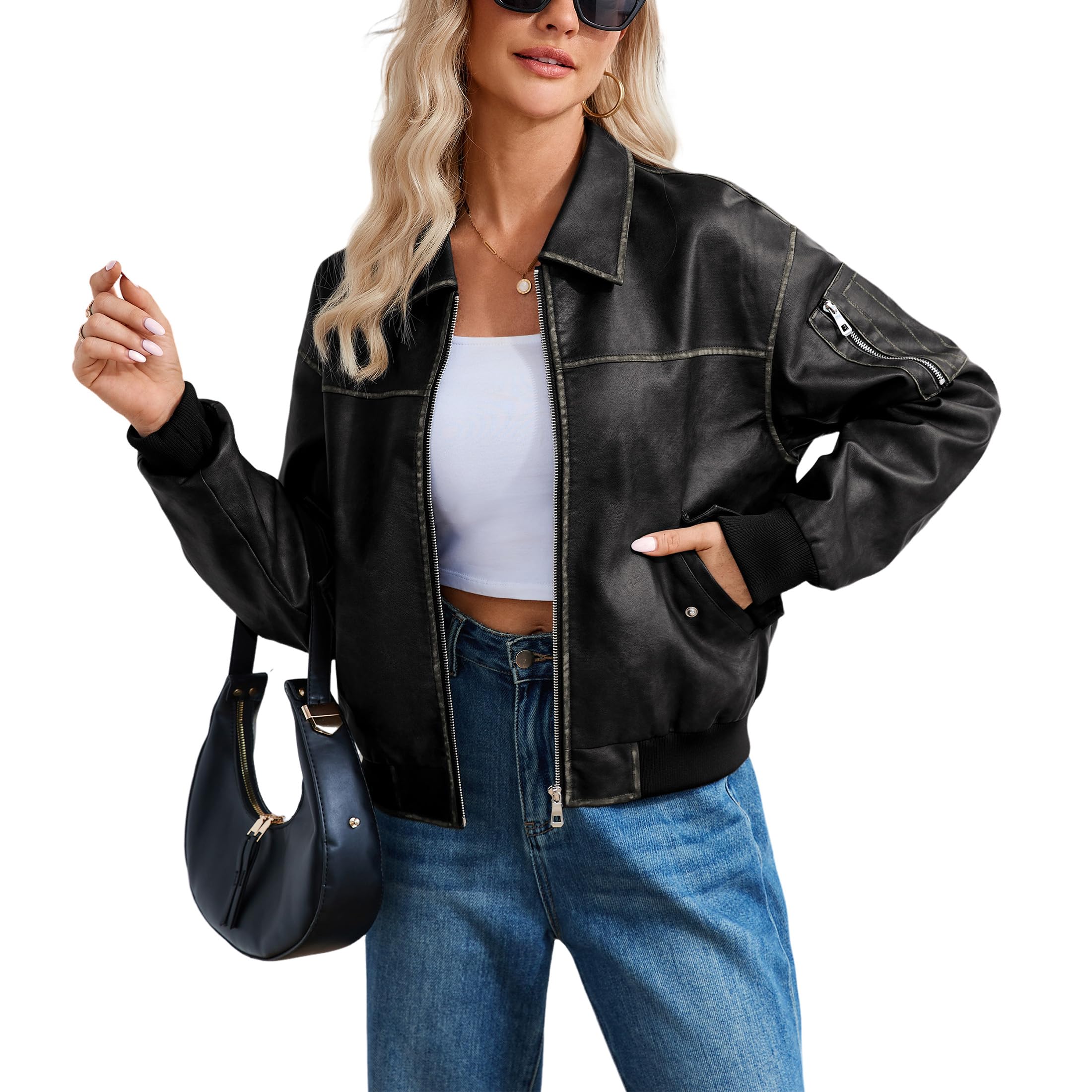 Womens Leather Jacket Fall Fashion Motorcycle Biker Bomber Jacket Zip Up Winter Coat Outerwear