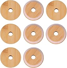 KINBOM 8pcs Mason Jar Wood Lids with Straw Hole, Reusable Bamboo Jar Lids Leak Proof Glass Canning for Wide Mouth Mason Jar Beer Can Glass with Removable Silicone Ring, 70mm