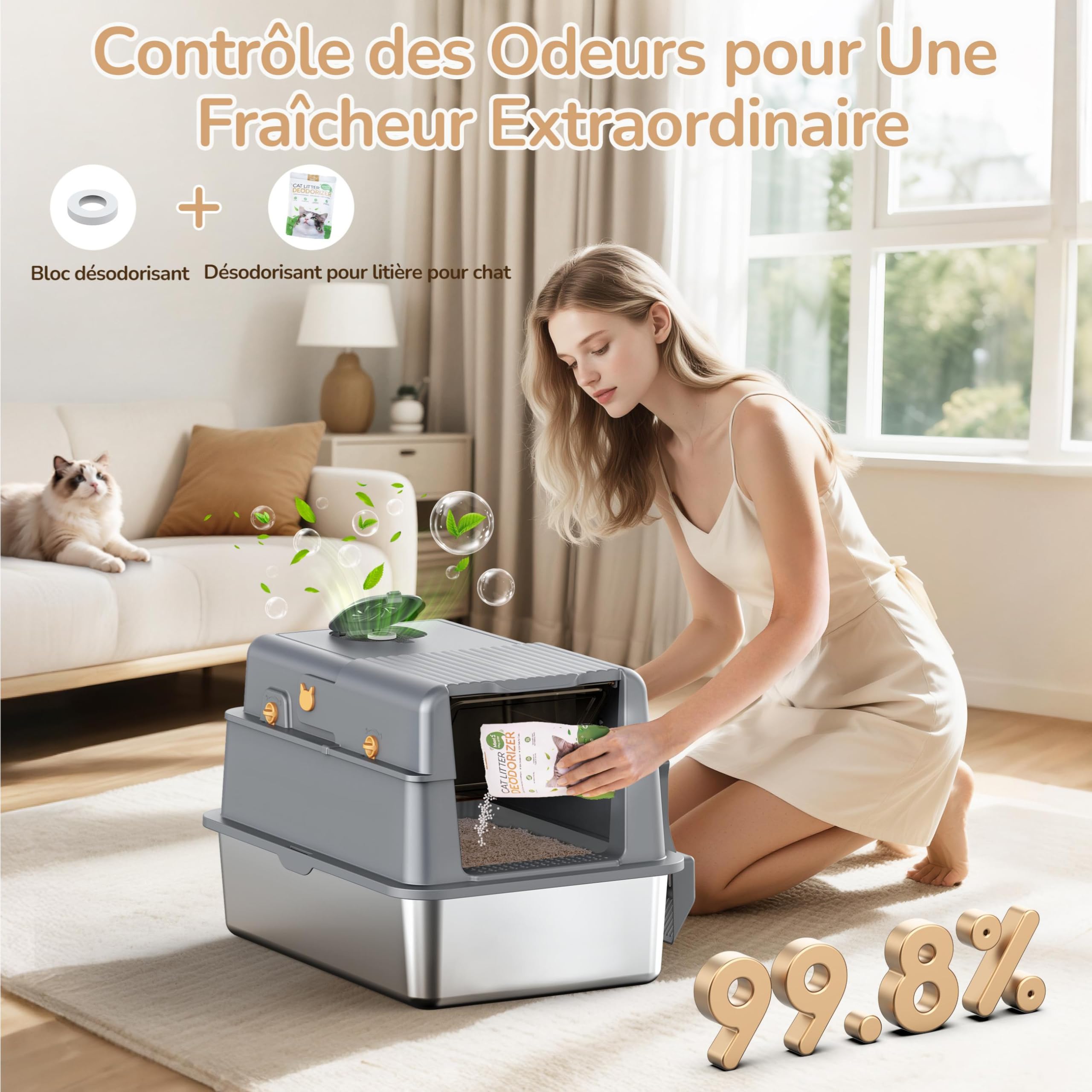 Bac à Litière en Acier Inoxydable, PalNests XXL Litter pour Chat avec Couvercle à 105° et Pelle, Litière en Métal Amovible, 3 en 1 Litiere à Bords Hauts avec Désodorisant pour Litière pour Chat