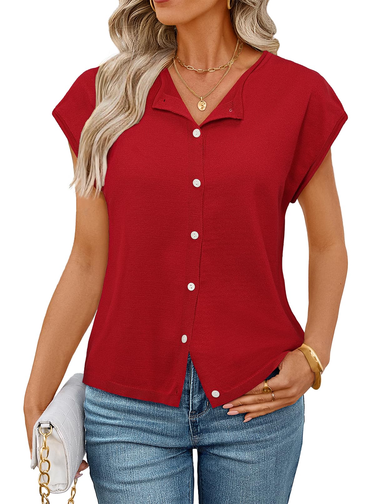 MEROKEETY Womens Summer Cardigan Sweaters 2026 Crewneck Cap Sleeve Casual Knitted Tops Button Down Shirt Blouse