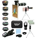 Cell Phone Camera Lens Kit,11 in 1 Universal 20x Telephoto 0.63Wide Angle 15X Macro 198°Fisheye 2X Telephoto Kaleidoscope CPL Starlight Eyemask Tripod,for Most iPhone Smartphone (Black)