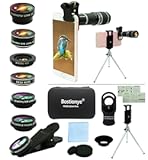 Cell Phone Camera Lens Kit&comma;11 in 1 Universal 20x Telephoto 0&period;63Wide Angle 15X Macro 198°Fisheye 2X Telephoto Kaleidoscope CPL Starlight Eyemask Tripod&comma;for Most iPhone Smartphone &lpar;Black&rpar;