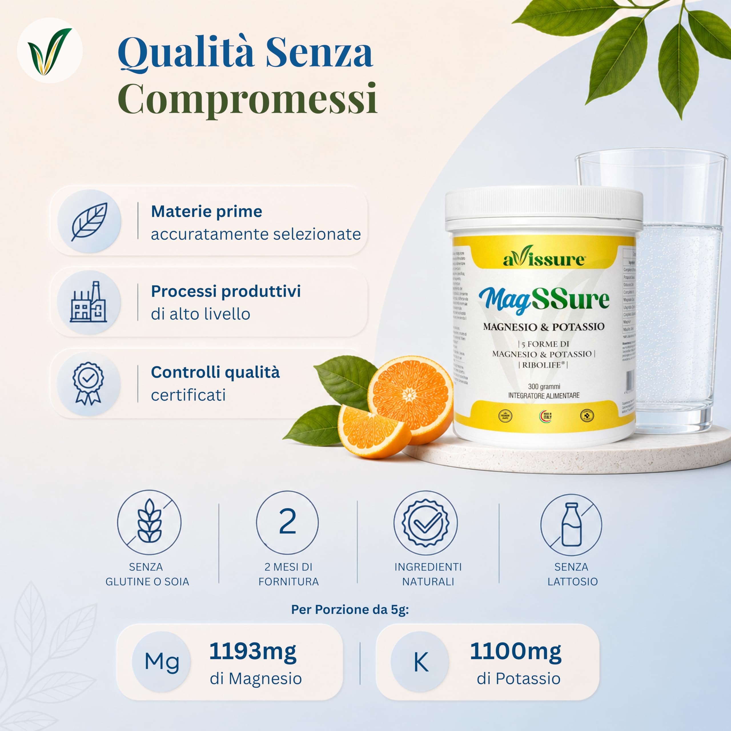 Magnesio e Potassio avissure MagSSure, Integratore Magnesio Complesso con 3 Sali Magnesio, Potassio Citrato e Carbonato 3:2, con Ribolife, Funzione Muscolare e Nervosa, Senza Lattosio, Glutine e OGM