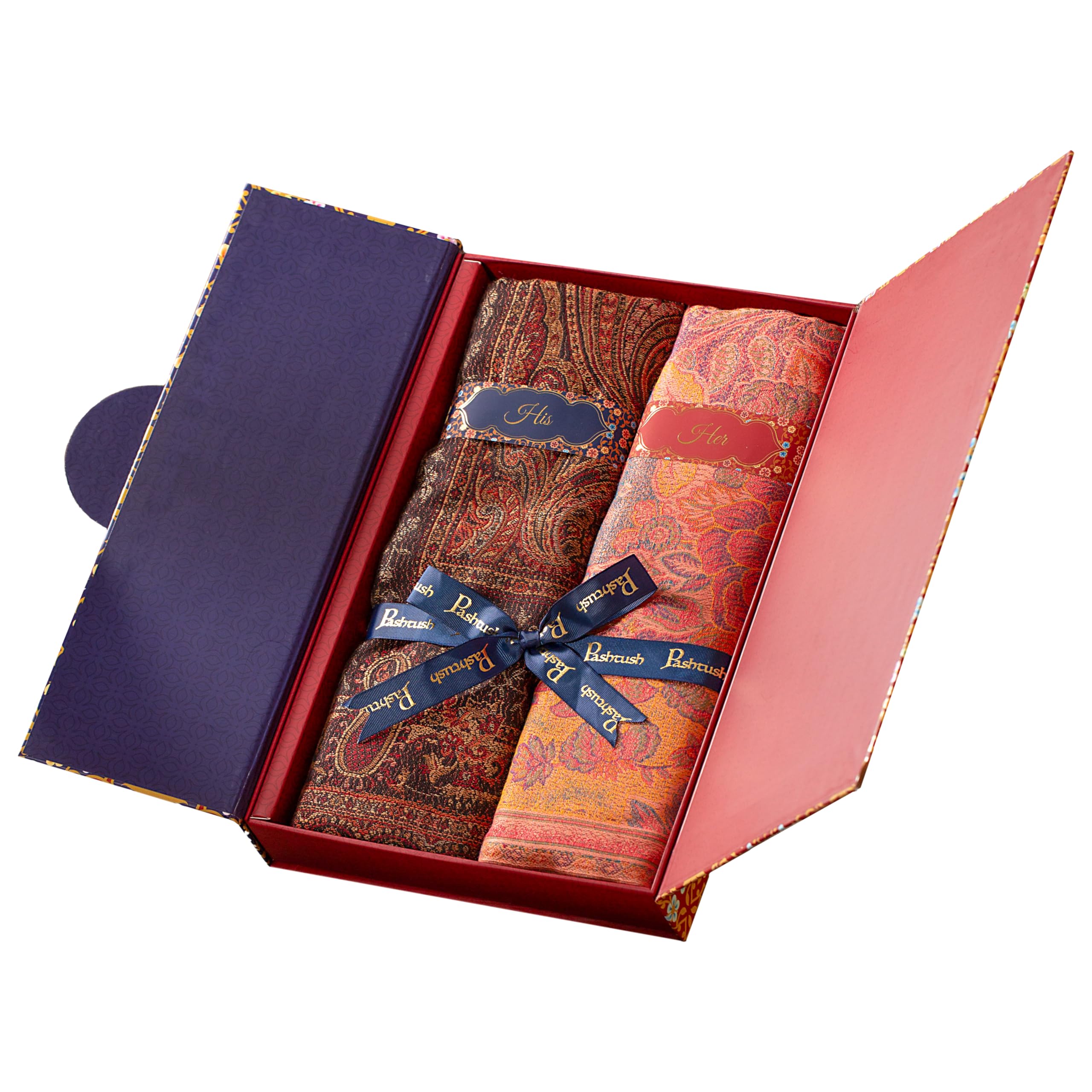 His And Her Set Of Jamawar Stole and Shawl, Premium Gift Box Packaging, Black and Peach