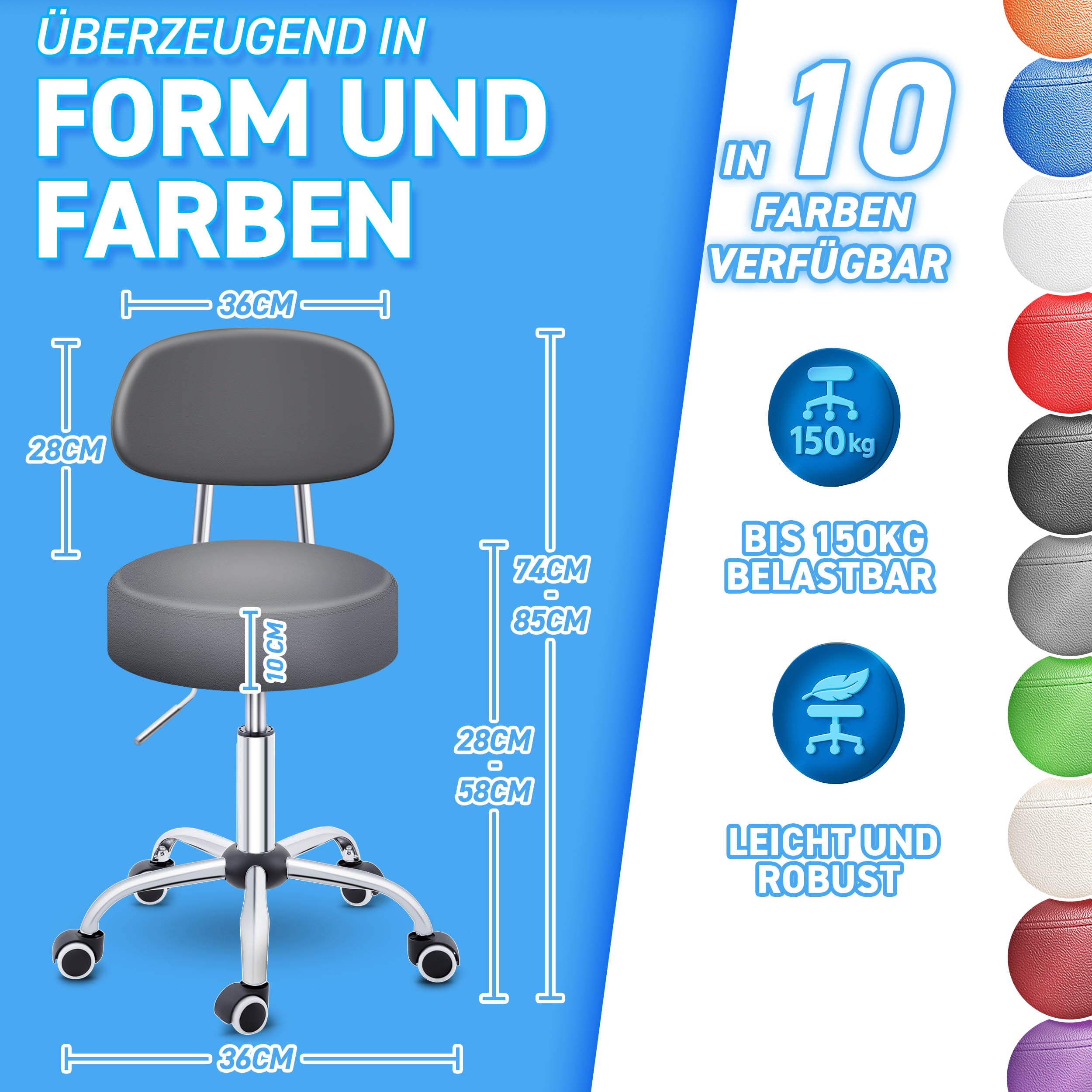 TRESKO® Rollhocker mit Lehne Grau | Arbeitshocker höhenverstellbar 46-58 cm | Drehhocker mit Rollen | Bürostuhl Hocker Drehstuhl Kosmetikhocker