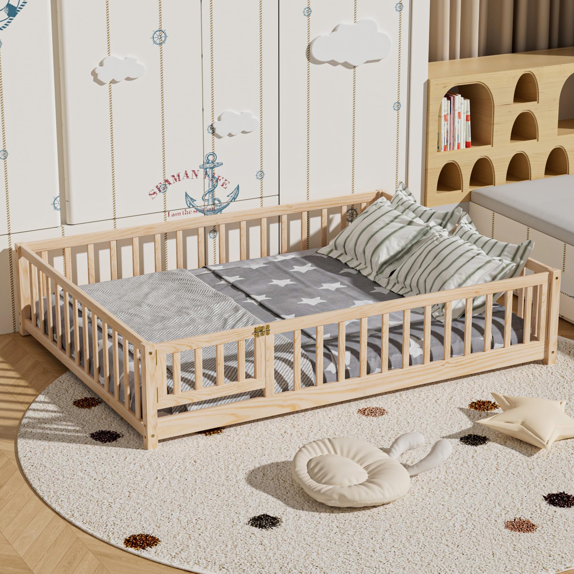 i-POOK Full Floor Bed for Children, Sturdy Wood Montessori Bed Frame with Wood Slats, Fence & Door, Montessori Floor Bed for Girls and Boys, Natural (with Bed Slats)