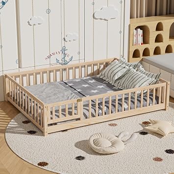 LLS Full Floor Bed for Children, Durable Montessori Floor Bed with Wood Slats, Safety Fence & Small Door, Wood Floor Bed Frame for Girls Boys and Children, Natural with Bed Slats