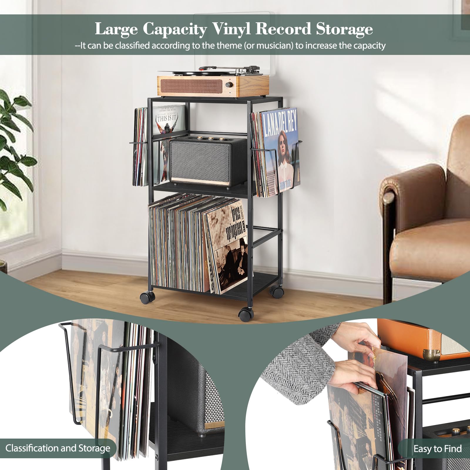 Bikoney Mobile Giradischi con 2 Espositori per Vinili e Tavolino Laterale – Supporto per Giradischi e Contenitore per Fino a 150 Dischi in Vinile per Soggiorno o Camera da Letto – Nero | Tavolino girevole con 2 ripiani espositori, facile accesso ai LP, ru