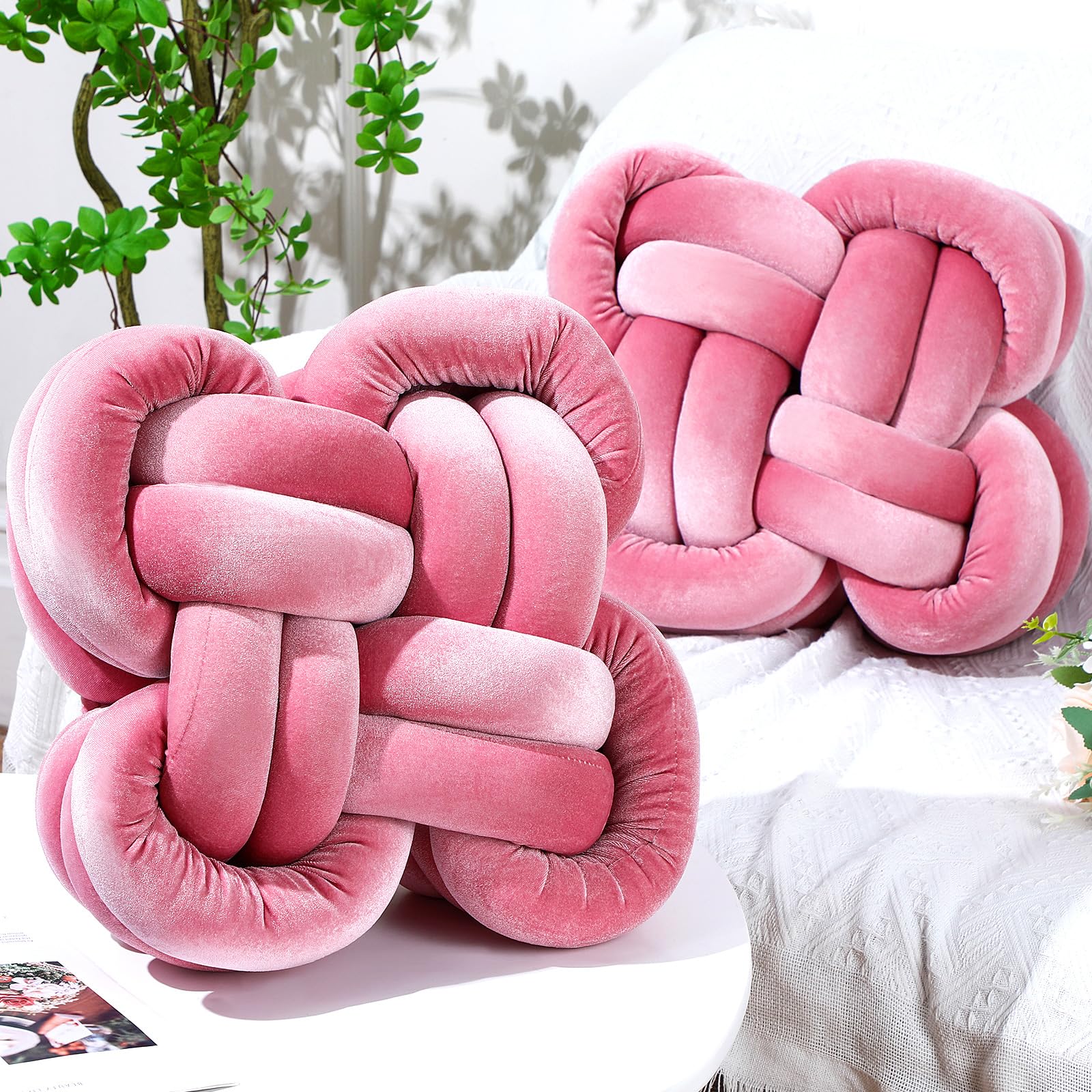 Sintuff 2 Pcs Knot Pillow Soft Decorative Knotted Throw Pillow for Couch Home Sofa Bedroom Decor to Add Comfort and Style(Pink,14 x 14 Inch)