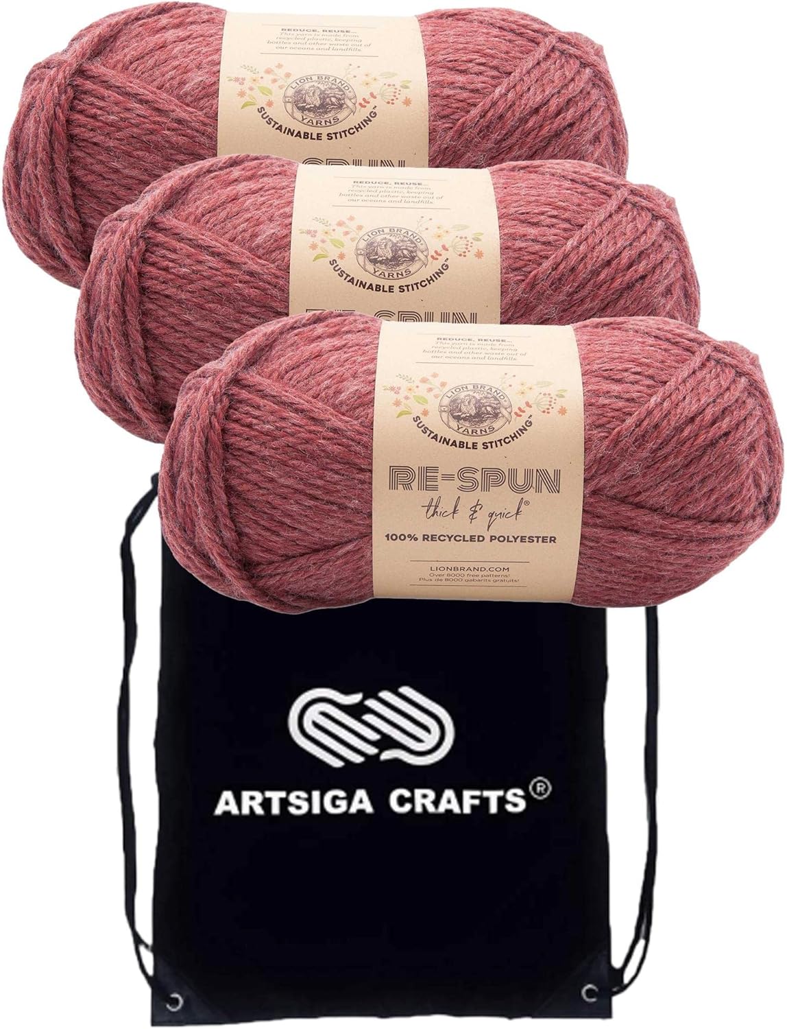 Lion Brand Knitting Yarn Re-Spun Thick & Quick Yarn Dark Cherry 843-114 (3-Skeins) Same Dye Lot Weight S Bulky #6 Soft 100% Recycled Polyester with Knitting Project Bag