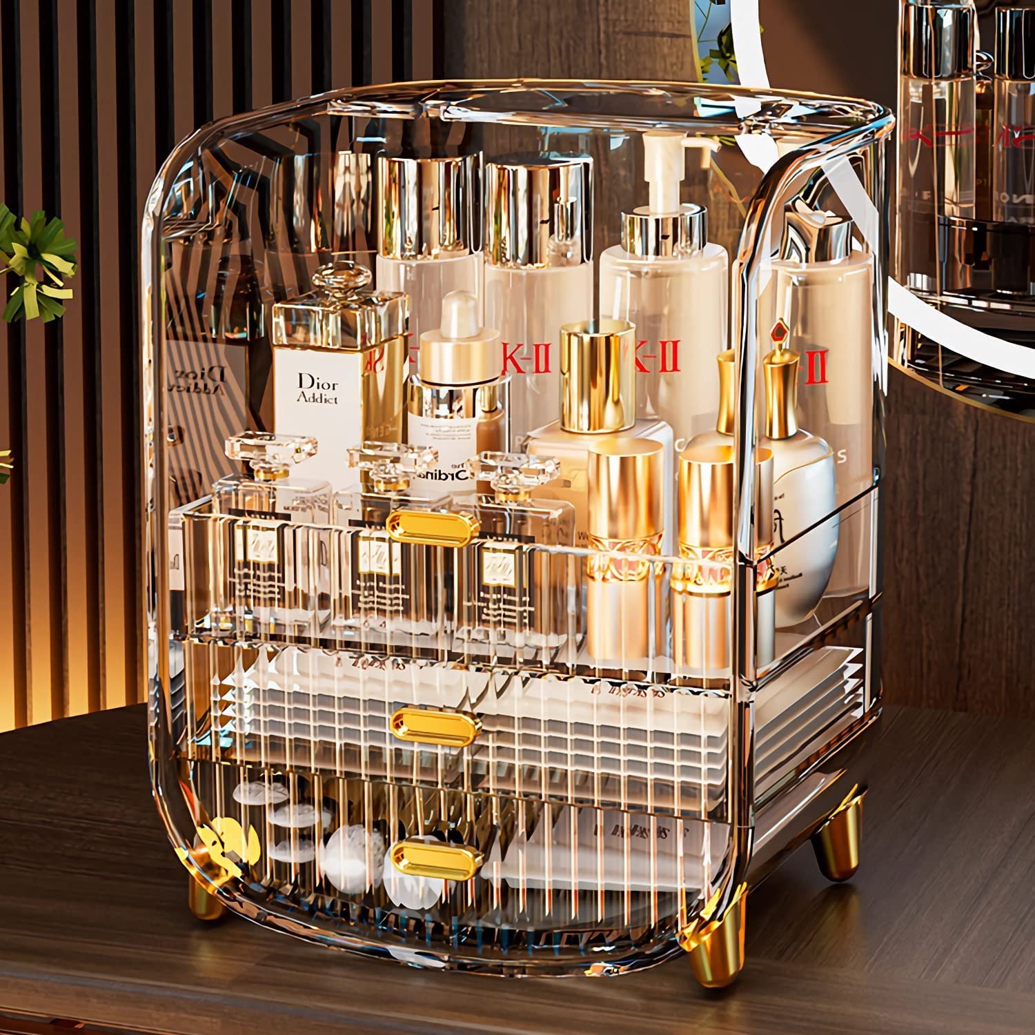 Makeup Organizer, Large Capacity Cosmetics Makeup Organizer for Vanity, Dustproof Waterproof Cosmetics Display Case with Drawers for Skincare, Lipstick, Brushes and Jewelry (Clear)