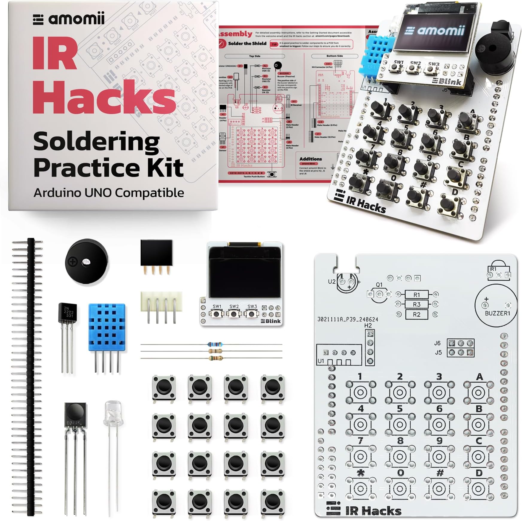 amomii IR Hacks - Soldering Practice Kit for Arduino UNO - Shield with OLED Screen, Keypad, IR Sensors - DIY Electronics STEM Project Gift for Adults and Teens - 3D Print Accessories Included