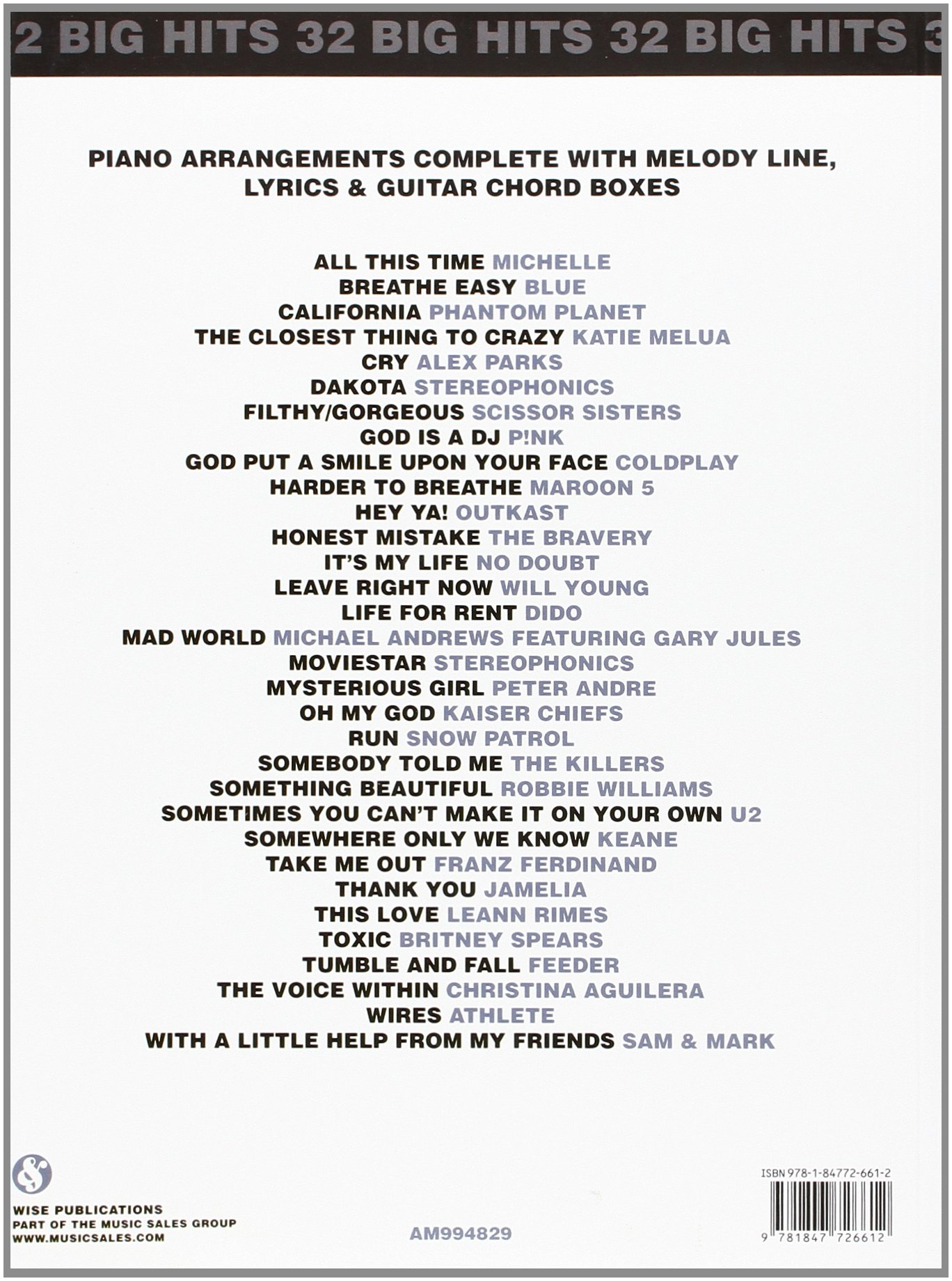 32 Big Hits Arranged For Piano, Voice And Guitar (Book And Pop The Que (Pvg)