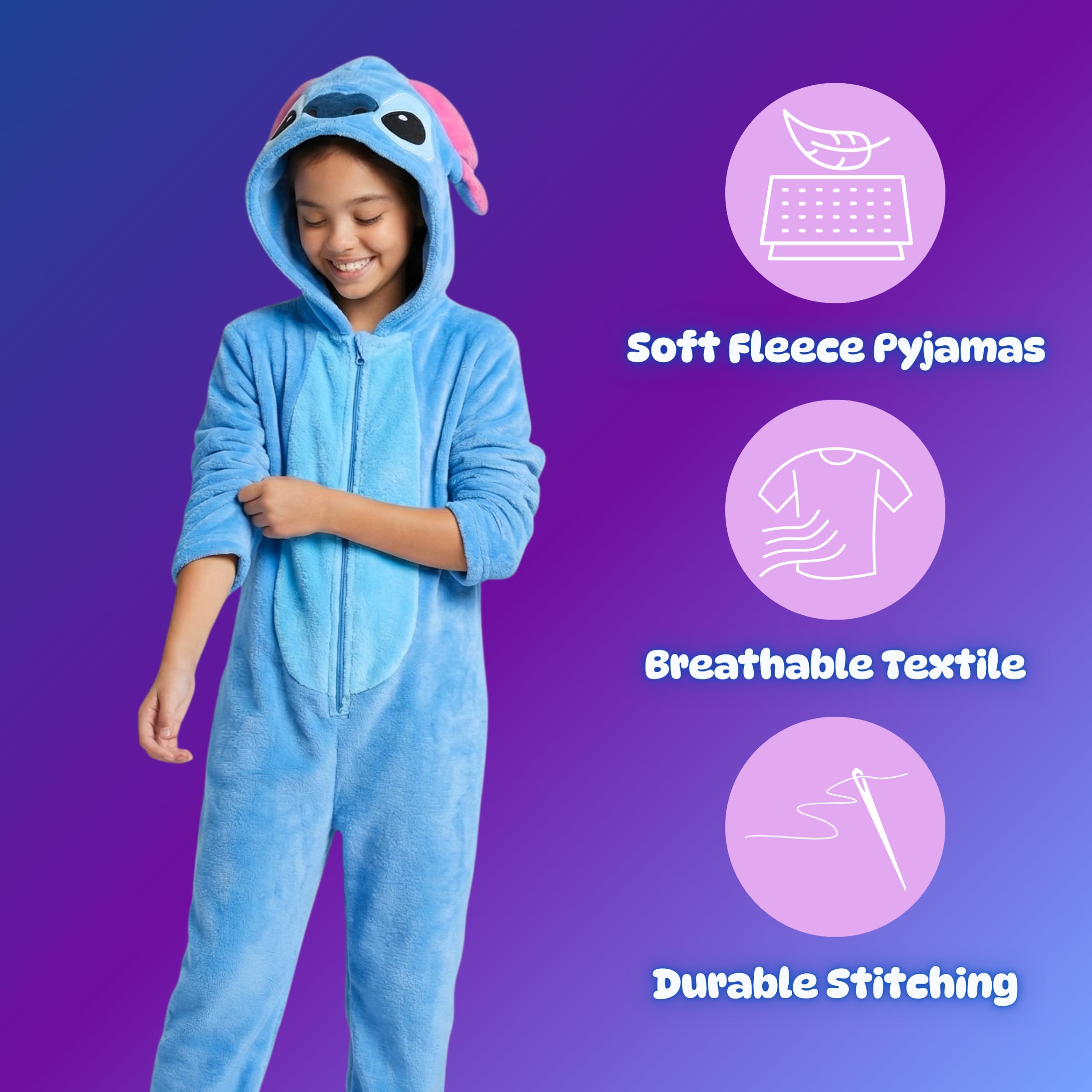 Disney Stitch Pyjama pour Fille, Pyjama Une Pièce à Capuche 3D en Polaire Douce, Cadeau pour Filles et Adolescents, Tailles 6 à 12 Ans