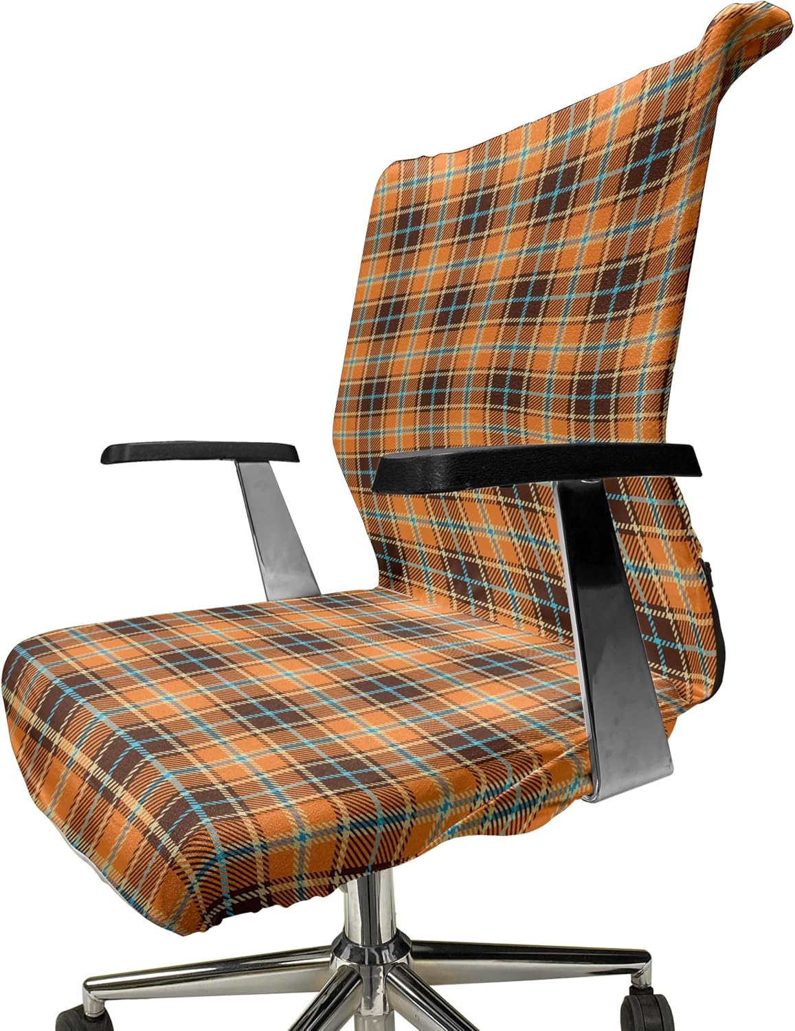 Ambesonne Brown Plaid Office Chair Cover, Tartan Style Lines in Retro Earth Tones and Aquatic Color Detail, Stretchable Decorative Universal Size High Back Printed Slipcover, Brown Orange