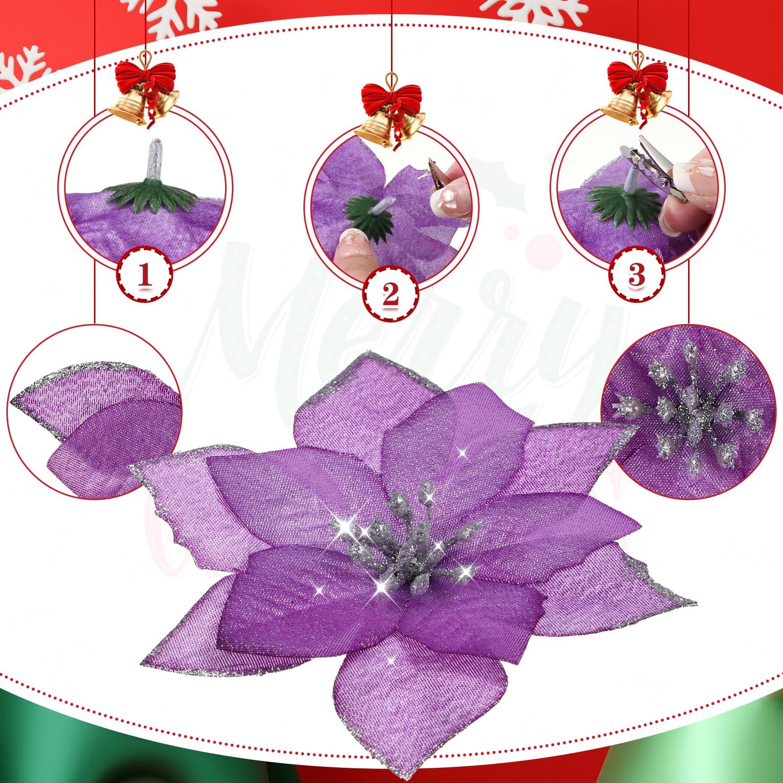 36 Pcs 3 Size Christmas Poinsettia Christmas Tree Flowers Glitter Faux Flowers Decoration Artificial Poinsettia Ornaments For Christmas New Year Home Outdoor Decoration (Light Purple,3/ 4/ 6 Inch) - Image 3