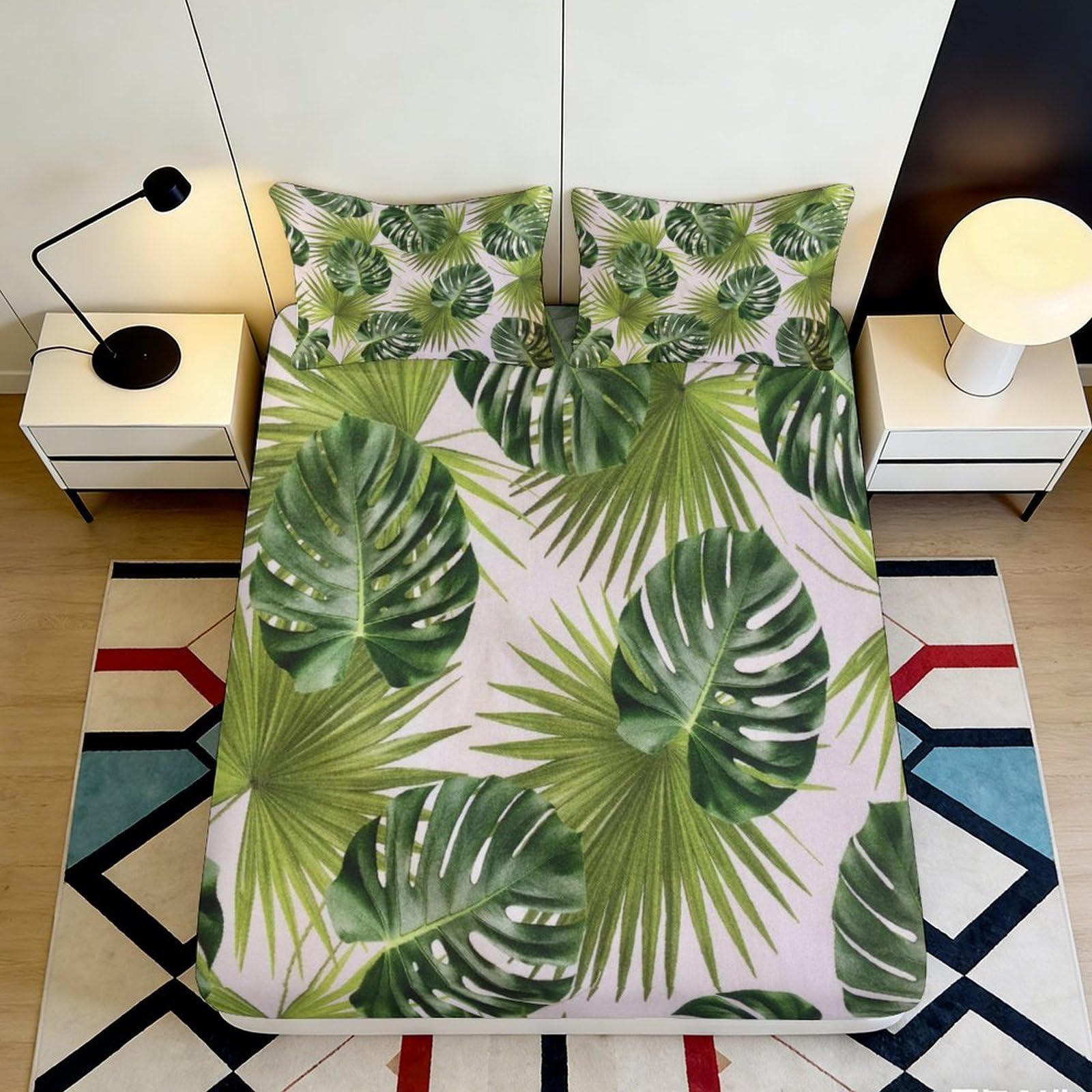 3D Printed Tropical Monstera Leaf Fitted Sheet Microfiber Soft Green Palm Mattress Cover for Bedroom Guest Room Decor 200x200x25cm