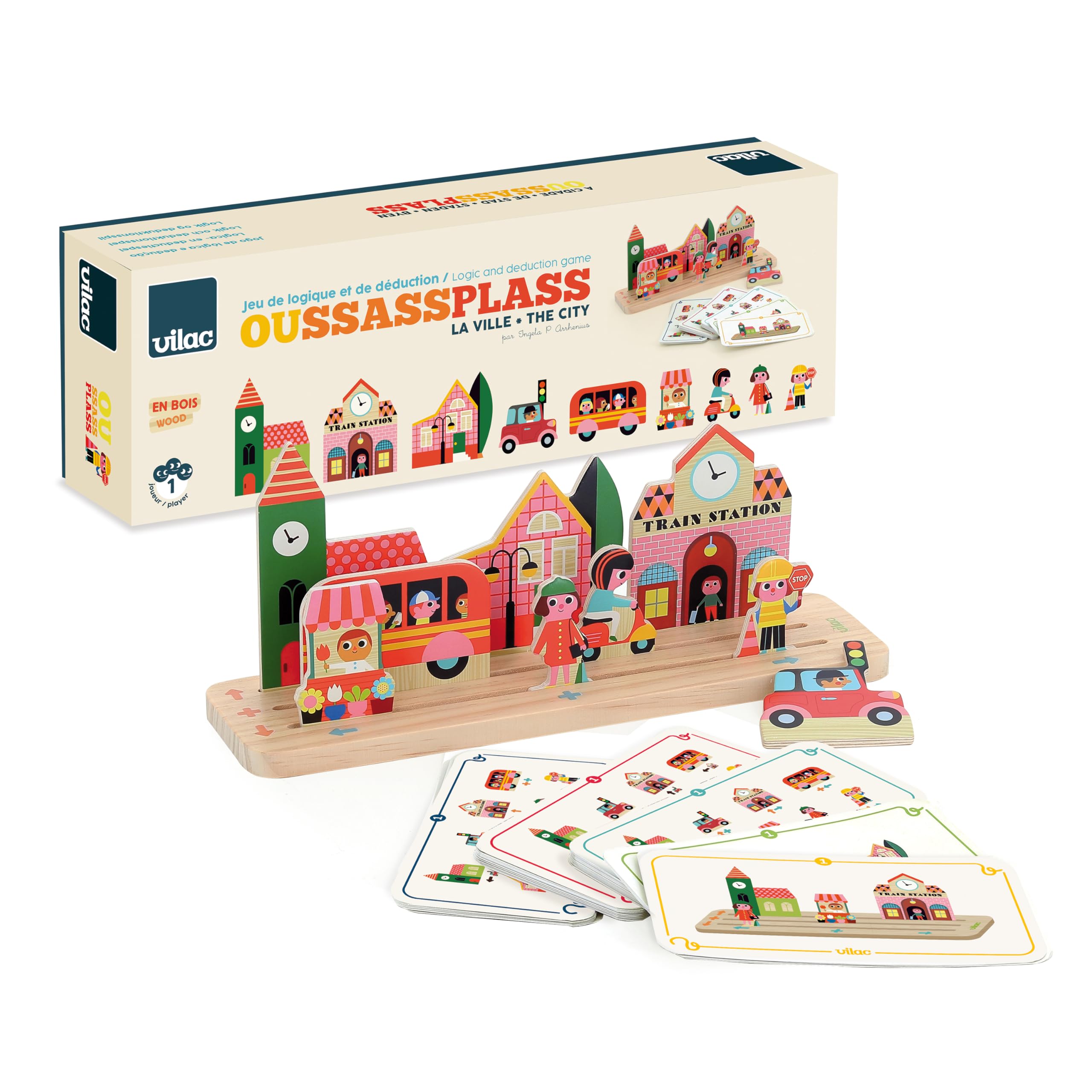 Vilac - Oussassplass La Ville - Ingela P.​Arrhenius - 9 pièces en Bois + 60 Cartes de Jeu avec Niveaux de difficulté évolutifs - Jeux d'Eveil pour Enfant en Bois - Dès 3 Ans - 7627