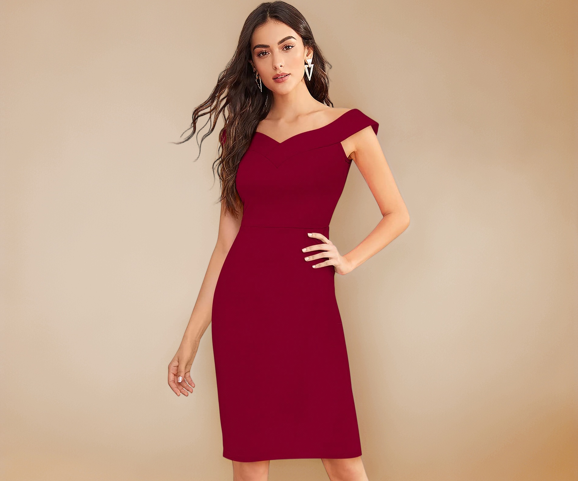 Buy NICEFAB Women's Off Shoulder Bodycon Dress, Burgundy Red, Cap Sleeve, Knee Length, Cocktail Party Formal (in, Alpha, L, Regular) at