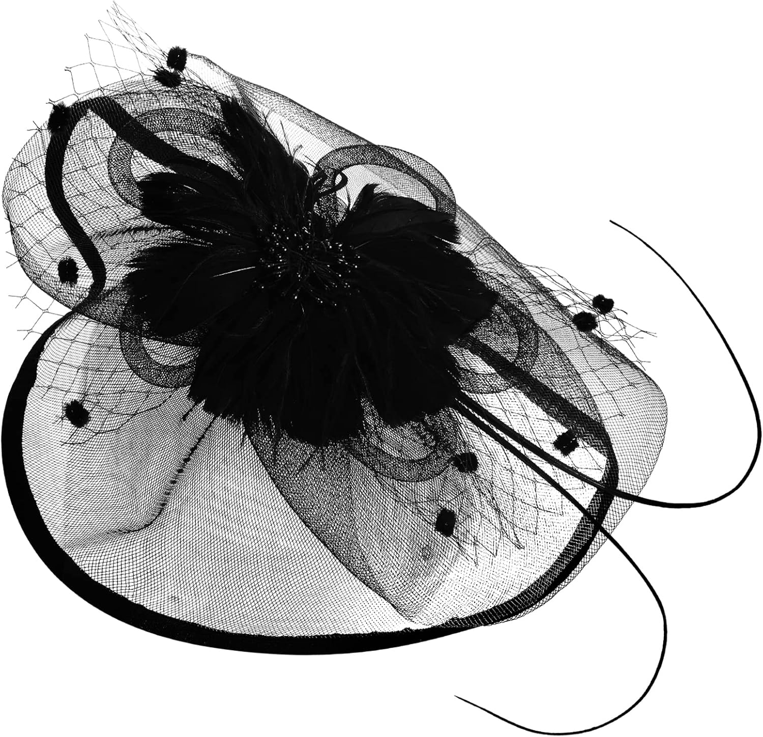 3 Pieces Fascinators Hats for Women Tea Party Hat Feathers Veil Mesh Hat Lace Gloves Pearl Choker Necklace Set for Wedding (Black)
