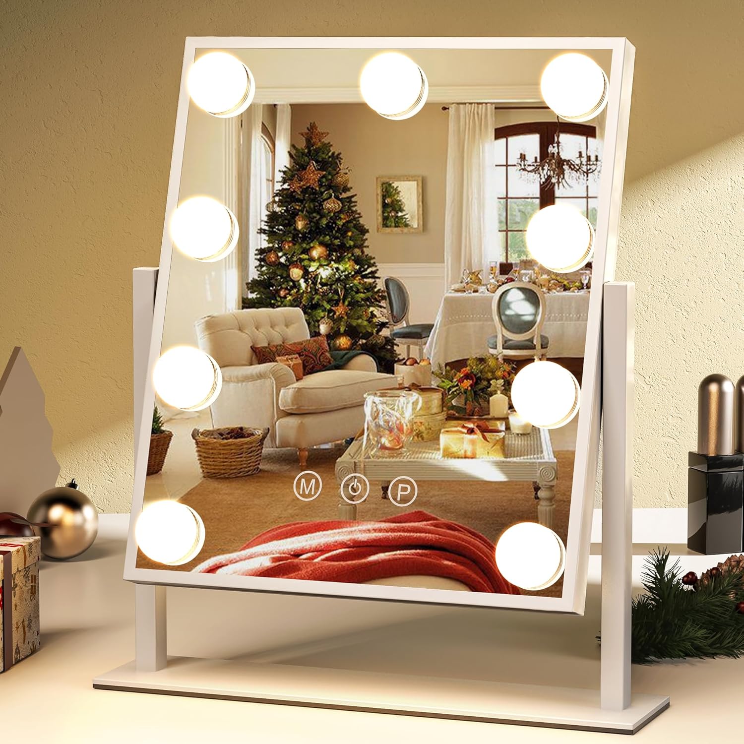 close up of vanity mirror with lights showing three color modes