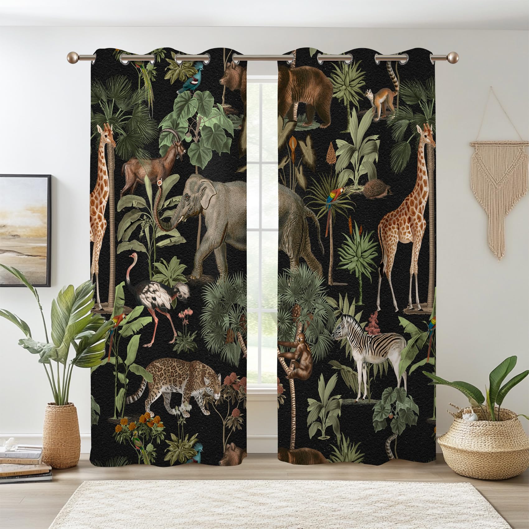 Renaiss Tropical Jungle Animal Blackout Curtain Forest Safari Wildlife Animals World Pattern Printed Curtains Giraffe Elephant Room Darkening Energy